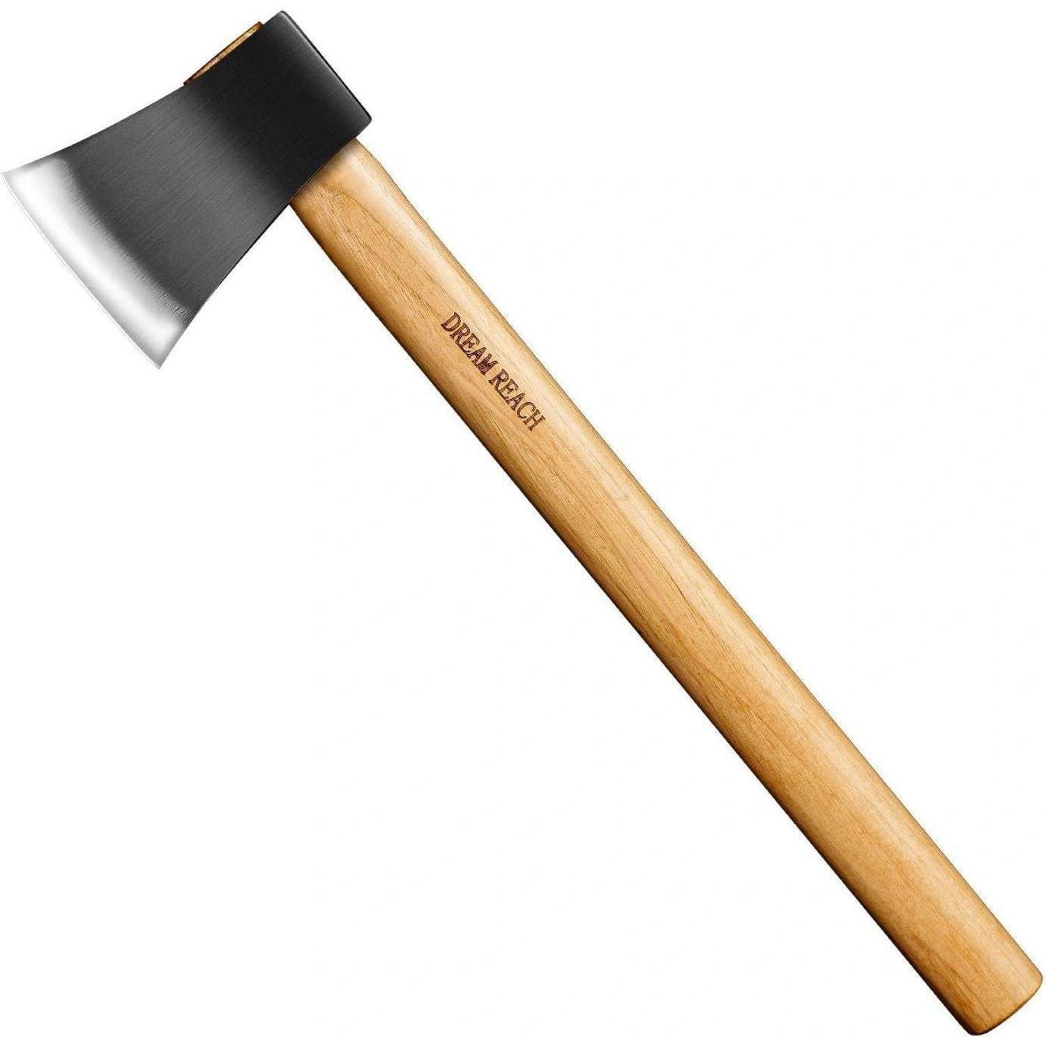 Axt mit schwarzer Klinge und Holzgriff, beschriftet mit 