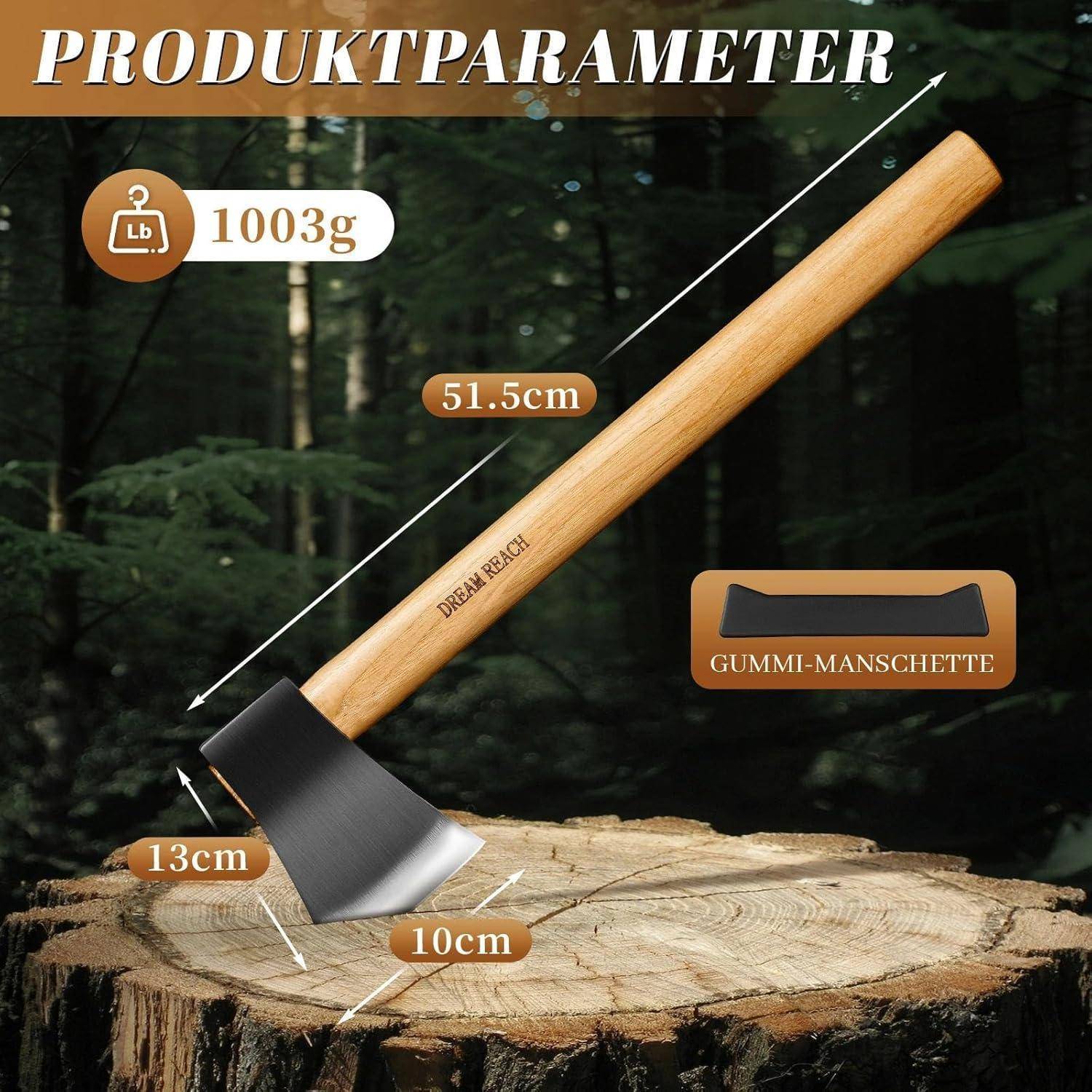 Eine Axt, die auf einem Baumstumpf im Wald ruht. Texthervorhebungen zeigen die Merkmale: Gewicht '1003g', Gesamtlänge '51,5 cm', Klingenbreite '13 cm', Kopf '10 cm', mit einer 'Gummi-Manschette'.