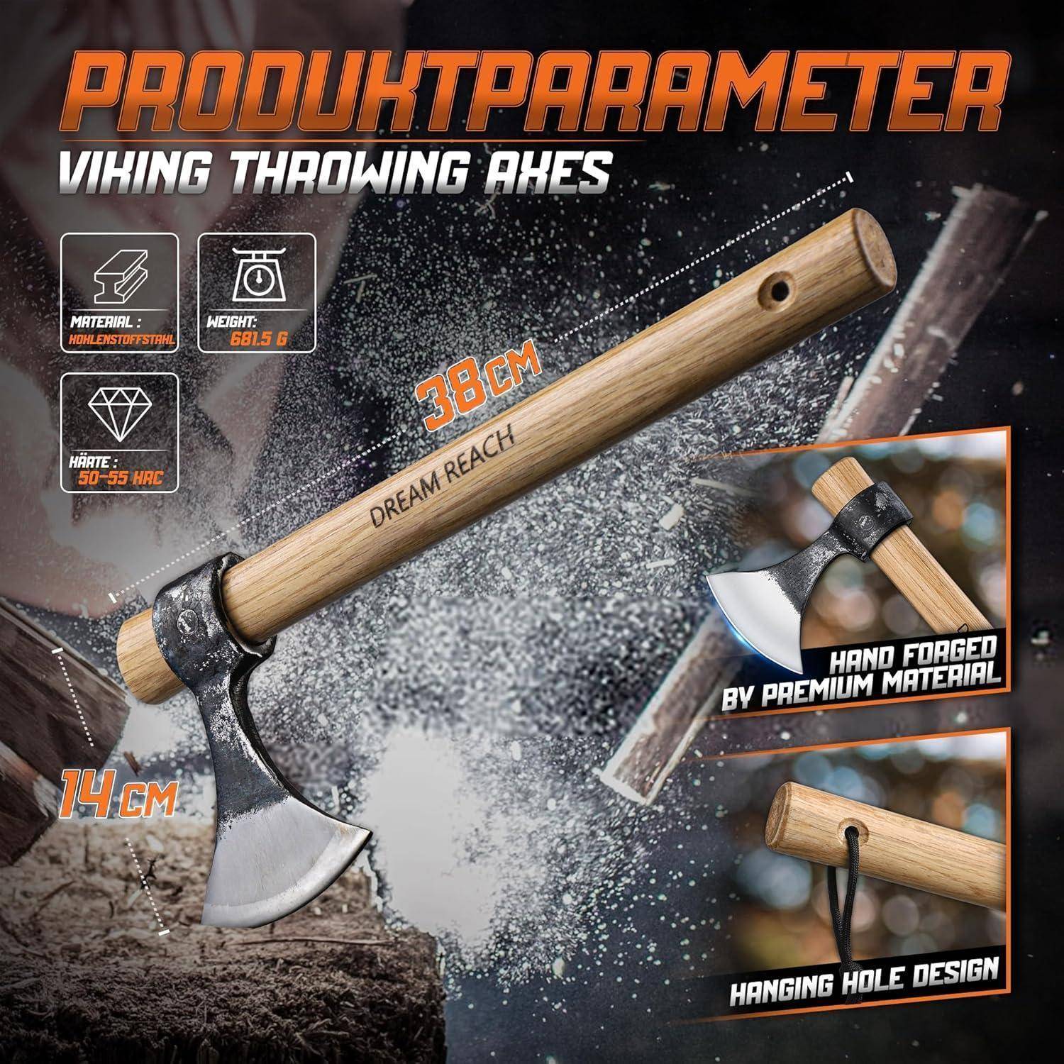 Wikinger Wurfäxte' Produktparameter: Länge 38 cm, Axtkopf 14 cm. Eigenschaften: handgeschmiedet, hochwertiges Material, Aufhängeloch-Design.