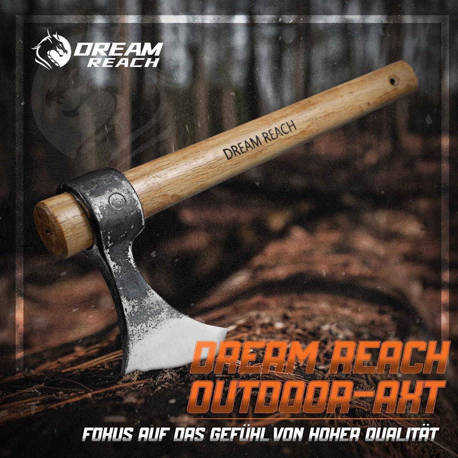 Eine Outdoor-Axt mit Holzgriff, beschriftet mit 'Dream Reach', wird gezeigt. Text lautet: 'Dream Reach Outdoor-Axt. Fokus auf das Gefühl von hoher Qualität.