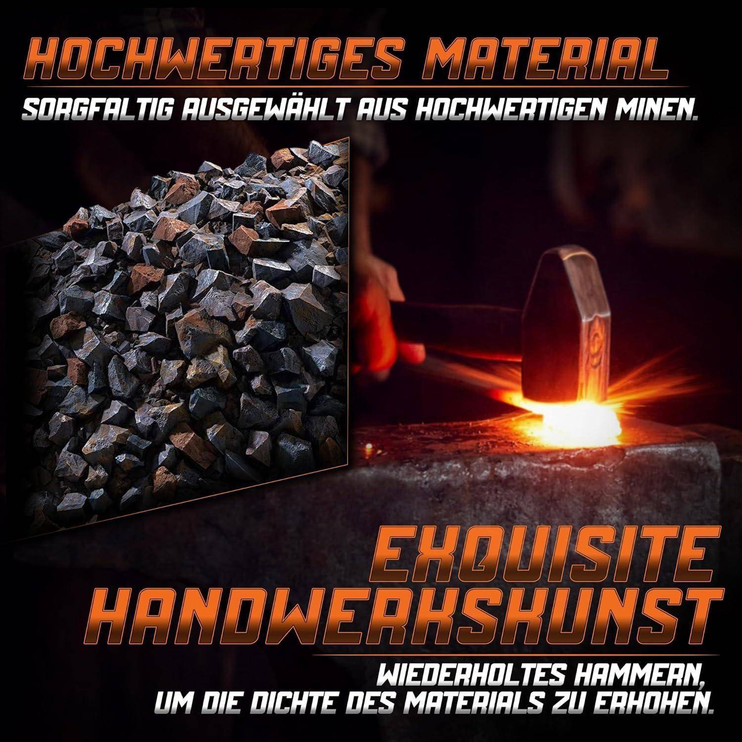 Eine Präsentation hochwertiger Materialien und Handwerkskunst, die eine Auswahl an Steinen und einen Hammer in Aktion zeigt und geschickte Bergbau- und Verarbeitungstechniken widerspiegelt.