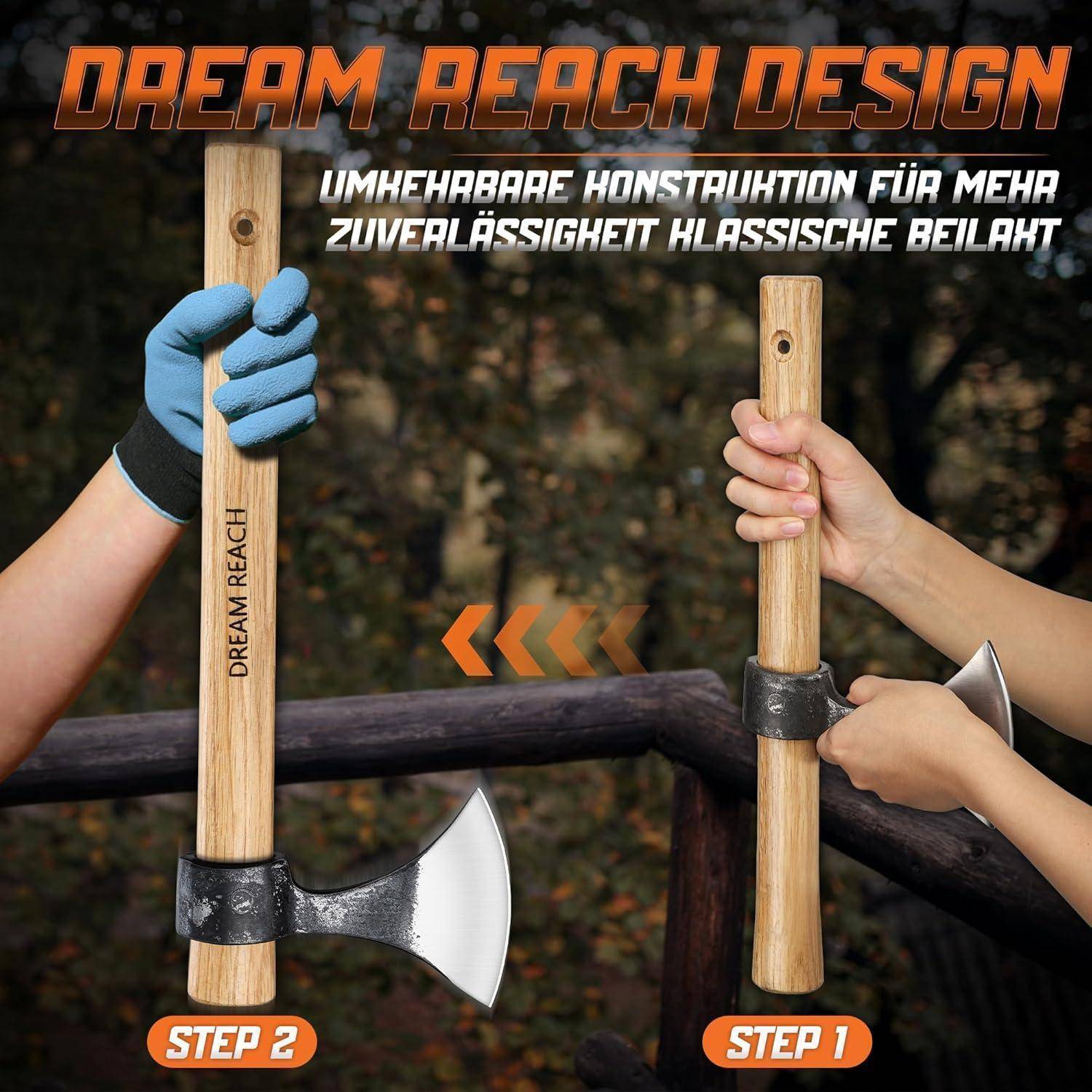 Zwei Hände, die Axtgriffe halten, zeigen ein abnehmbares Design mit Metallköpfen. Text: 'Dream Reach Design', 'Schritt 1', 'Schritt 2'.