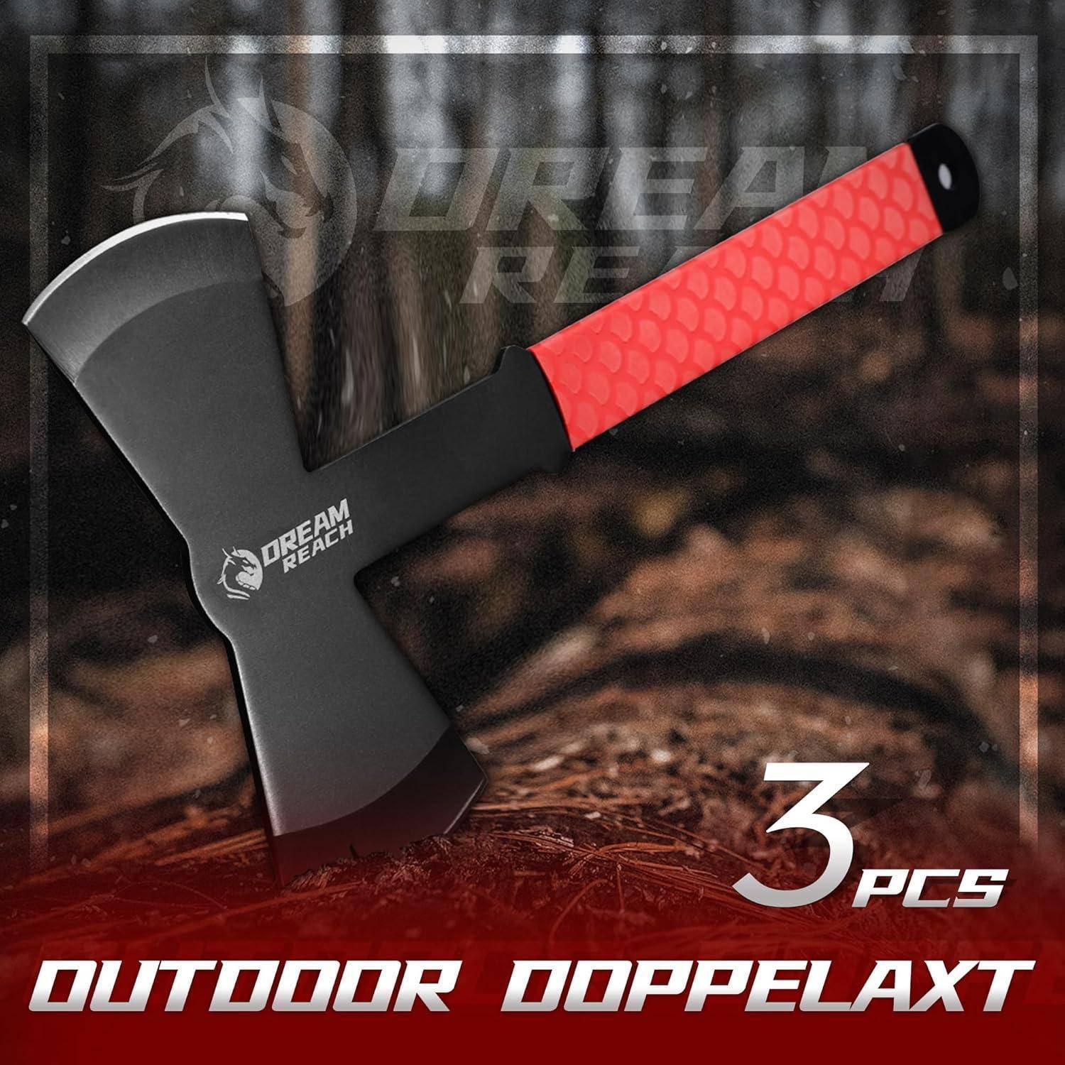 Eine Axt mit rotem Griff, beschriftet mit 'Dream Reach'. Im Hintergrund ein Wald. Text lautet '3 Stk. Outdoor-Doppelaxt'.
