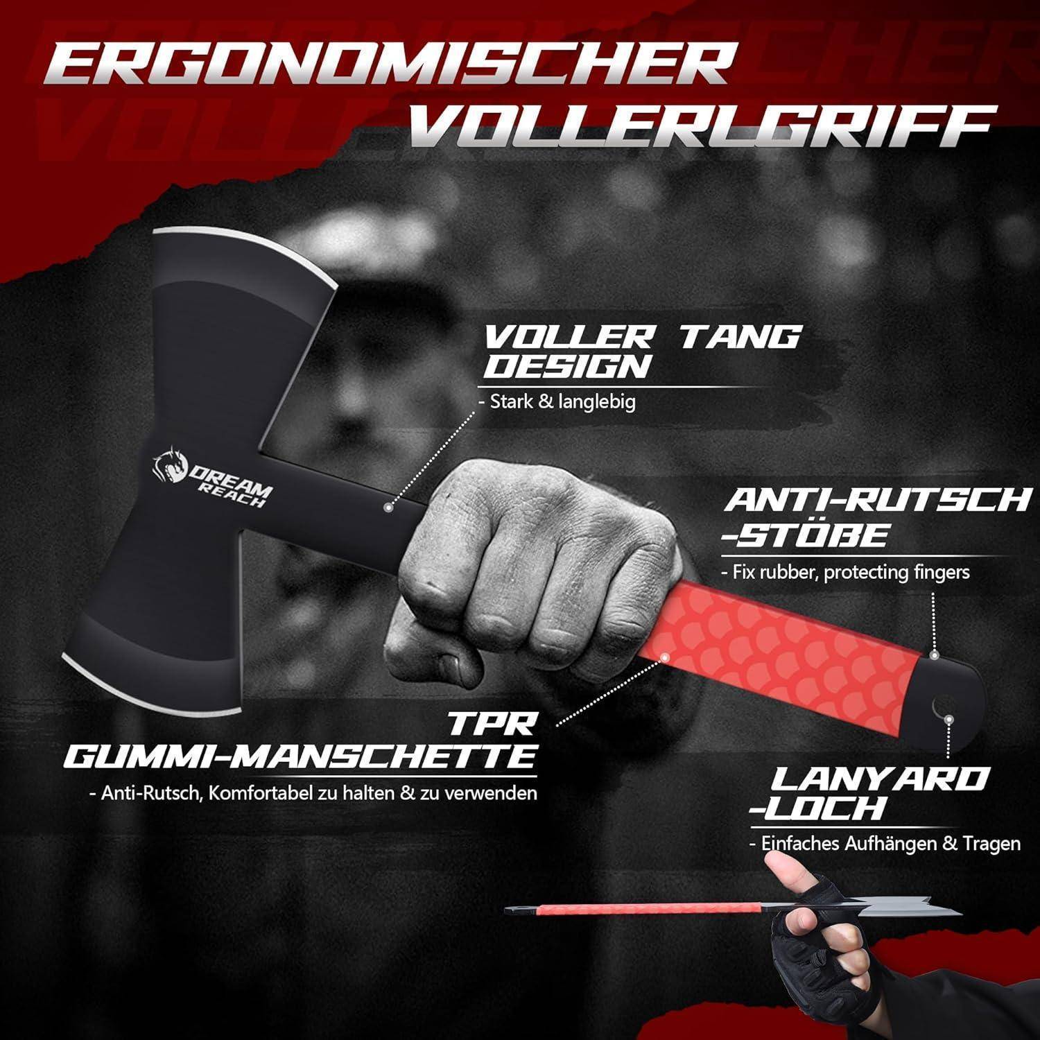 Taktische Axt mit ergonomischem Vollgriff, rutschfestem Knauf zum Schutz, Lanyard-Öse zum einfachen Tragen und robuster Vollangel-Konstruktion.