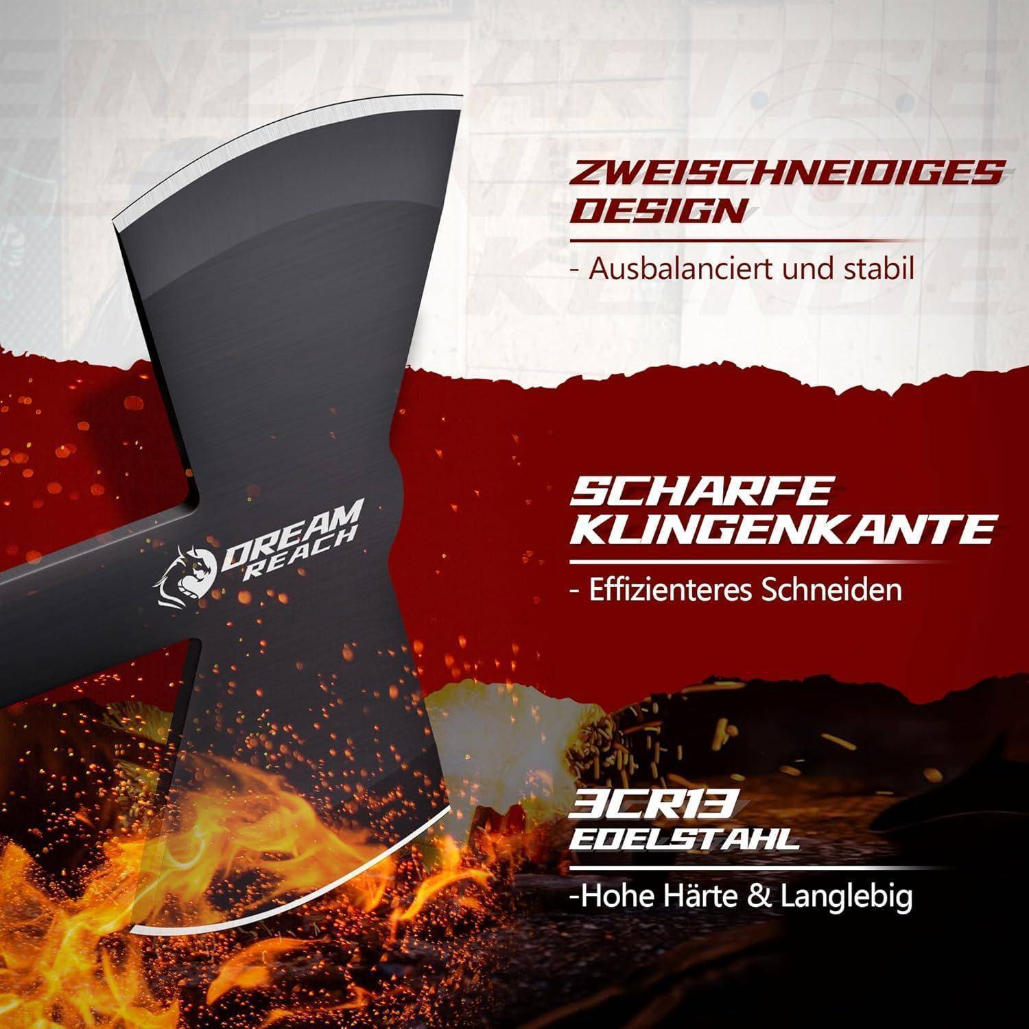 Der 'Dream Reach' Beil verfügt über ein zweischneidiges Design für Ausgewogenheit, eine scharfe Klingenkante für effizientes Schneiden und ist aus 3CR13 Edelstahl gefertigt, der hohe Härte und Langlebigkeit bietet.
