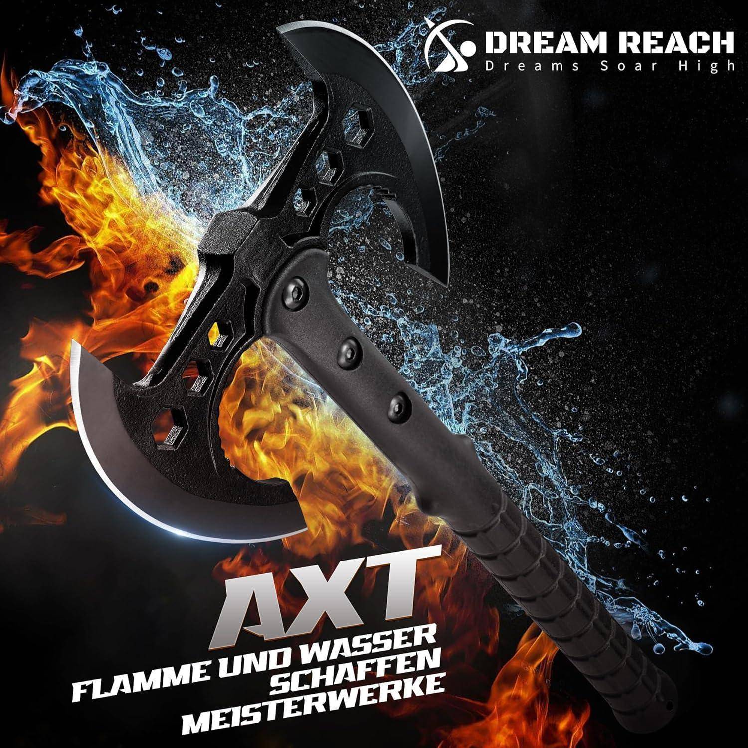 Eine schwarze doppelköpfige Axt mit Flammen und Wasser, die um sie herum spritzen. Der Text lautet 