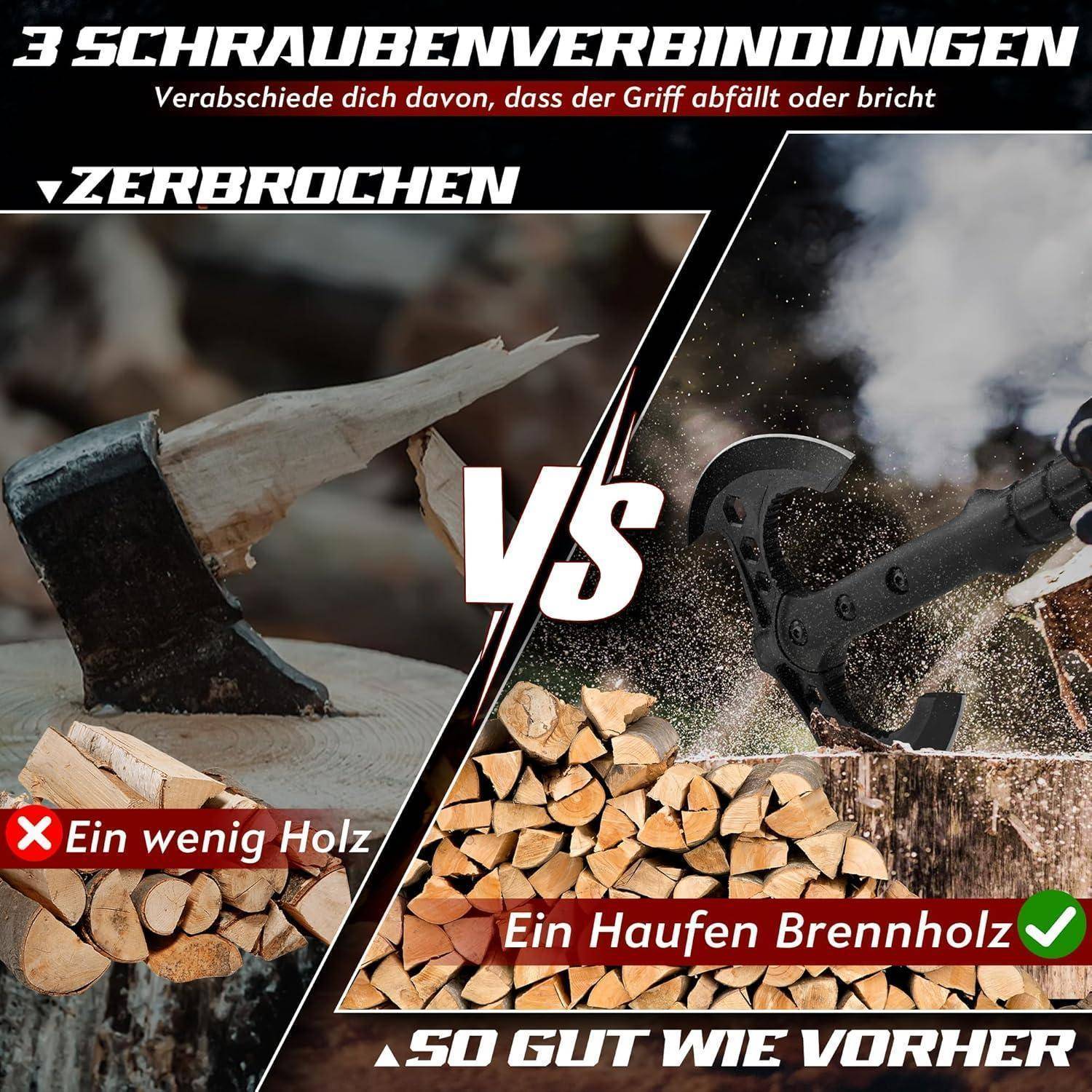 Vergleich, der links eine beschädigte Schraubenverbindung und rechts eine Axt zeigt, die Holz spaltet. Auf der rechten Seite ist eine sichere Verbindung mit einem Holzstapel dargestellt.