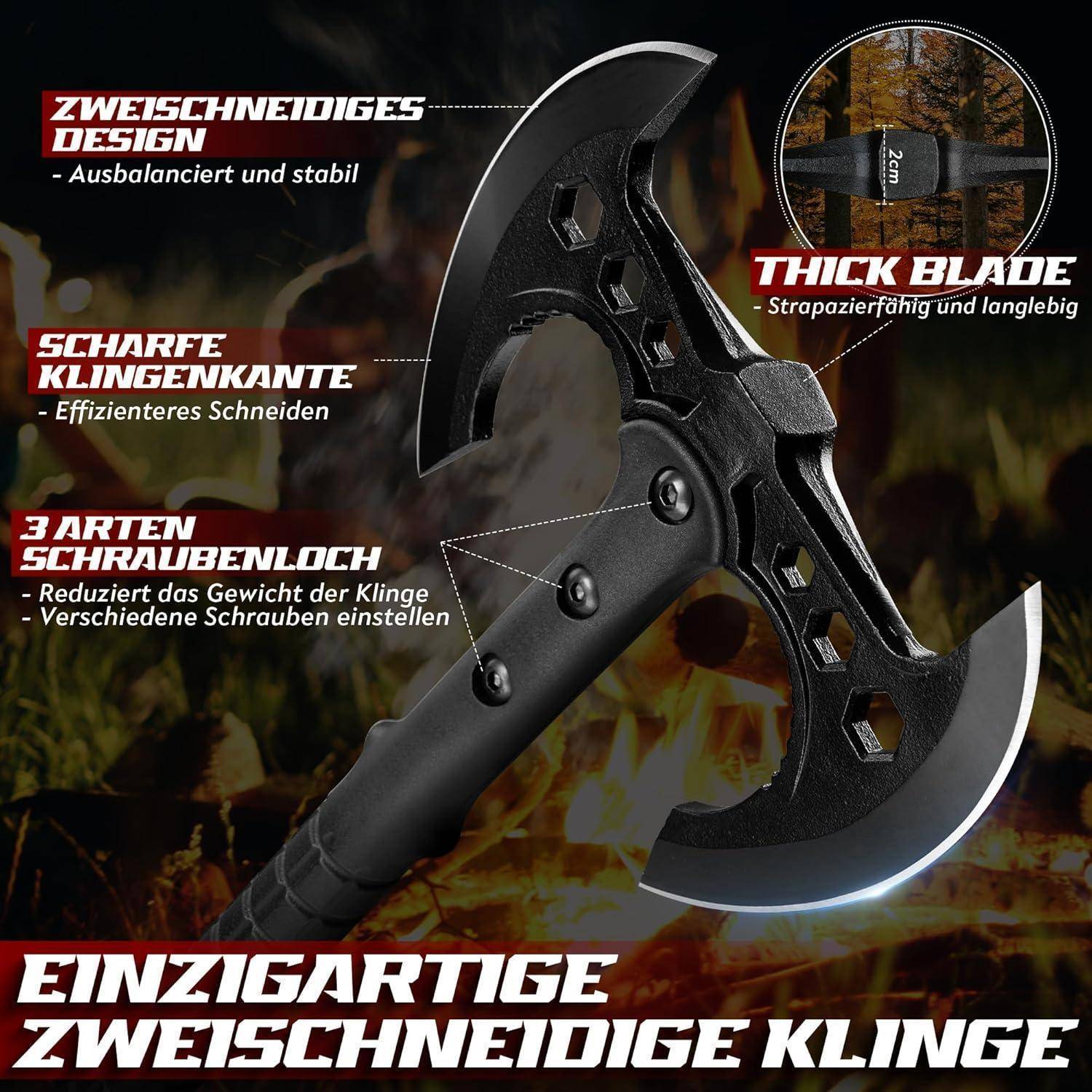 Zweiseitiges Design' Axt-Werbung zeigt doppelseitige Axt, scharfe Klinge, stabilen Griff und Schraubenlöcher für Gewichtsanpassung.