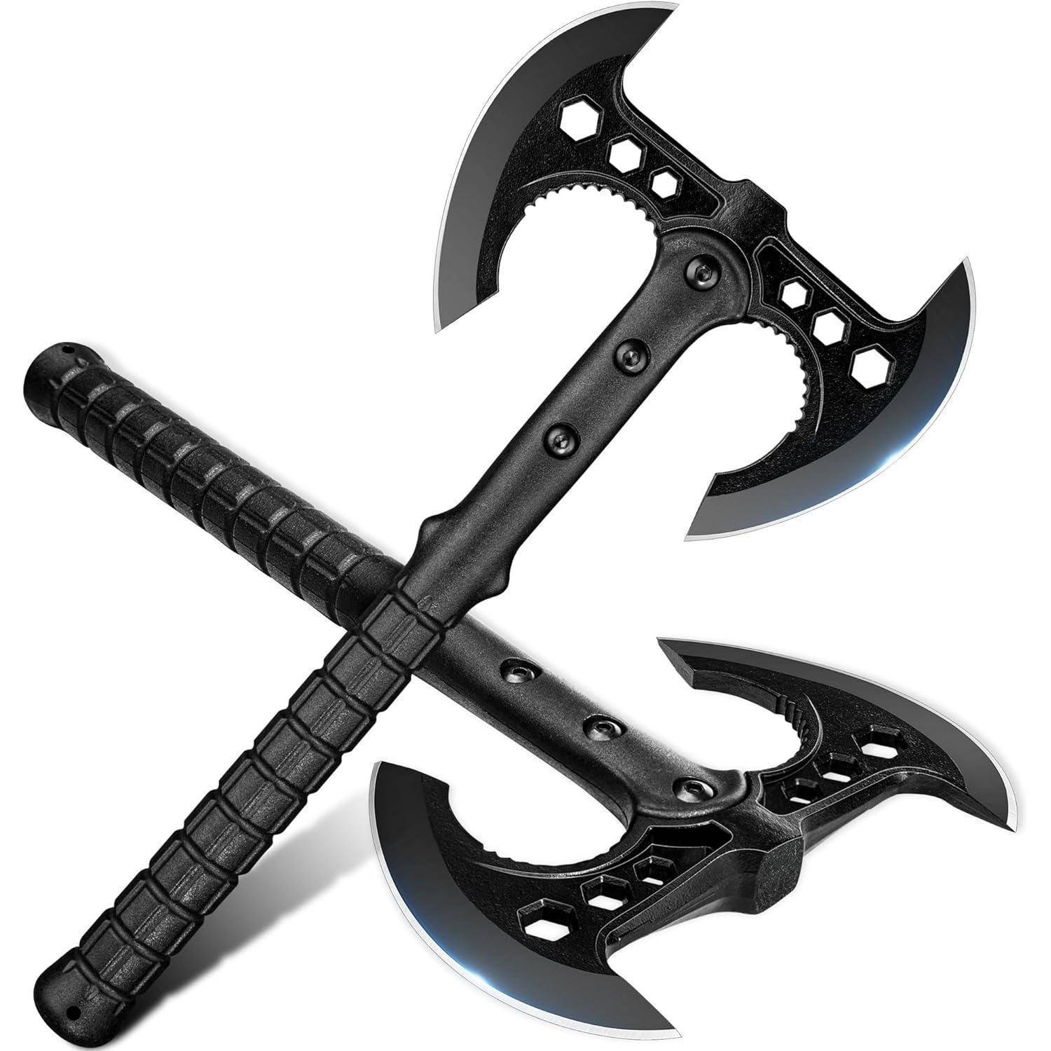 Eine schwarze taktische Axt mit doppelseitiger Klinge und strukturiertem Griff, konzipiert für Outdoor- oder Überlebenssituationen.