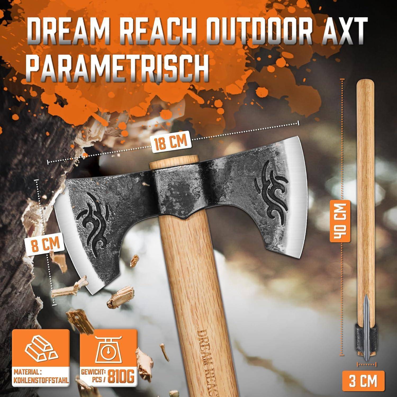 Axt Parametrisch': Doppelaxt mit Holzgriff, dekorative Gravuren; Maße 18 cm Kopf, 60 cm Griff, 3 cm dick, Gewicht 810g.