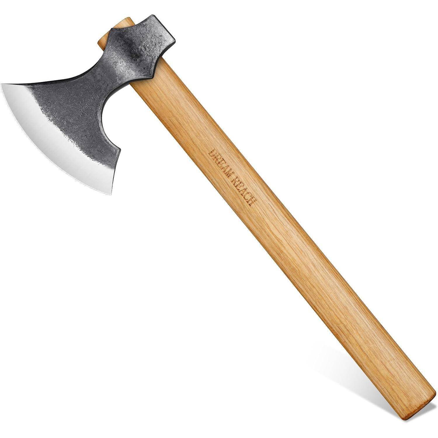 Eine mittelalterliche Streitaxt mit einer polierten Metallklinge und einem hellbraunen Holzgriff, graviert mit 'Wikingerkriegsaxt.