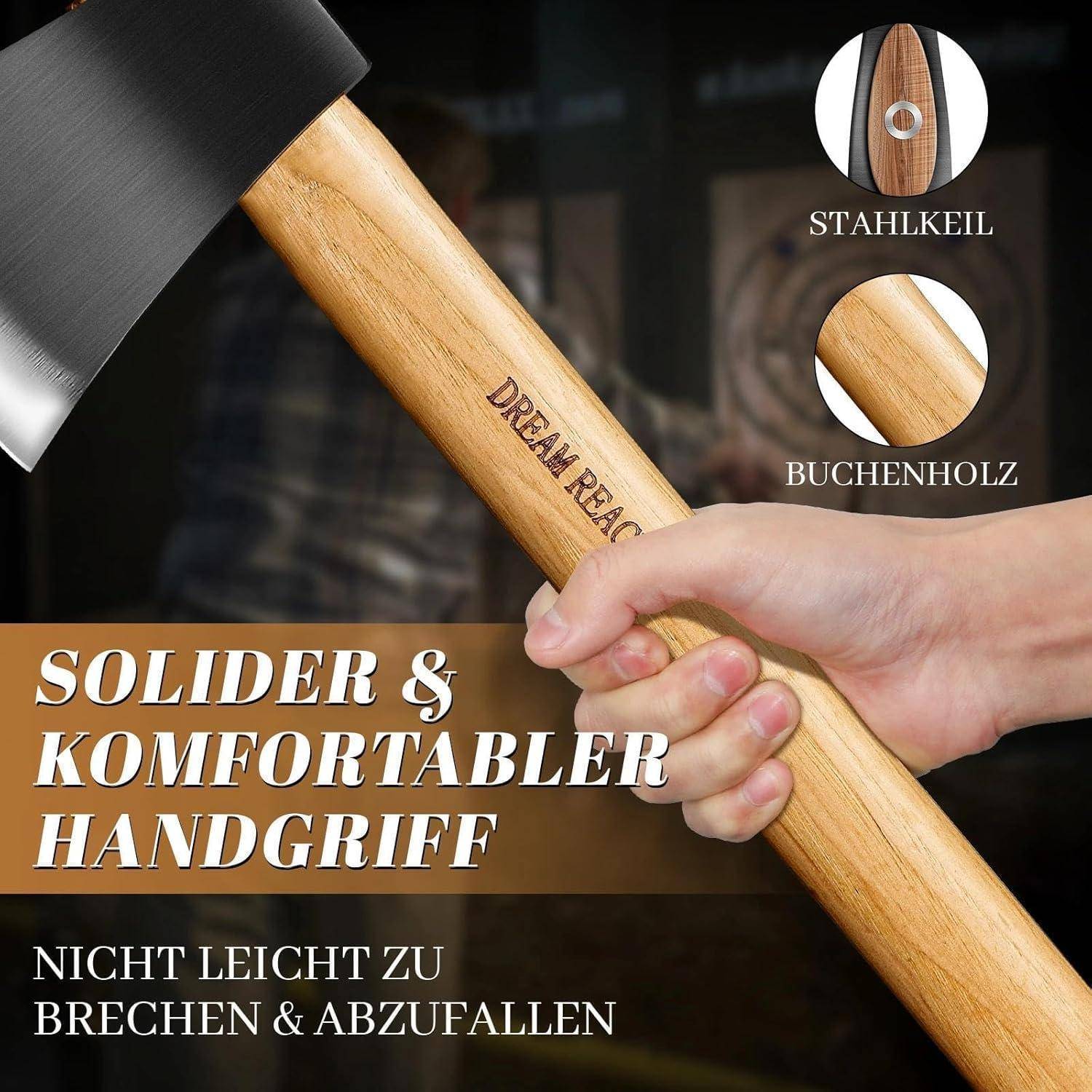 Das Bild zeigt eine Axt mit einem Holzgriff, die mit 