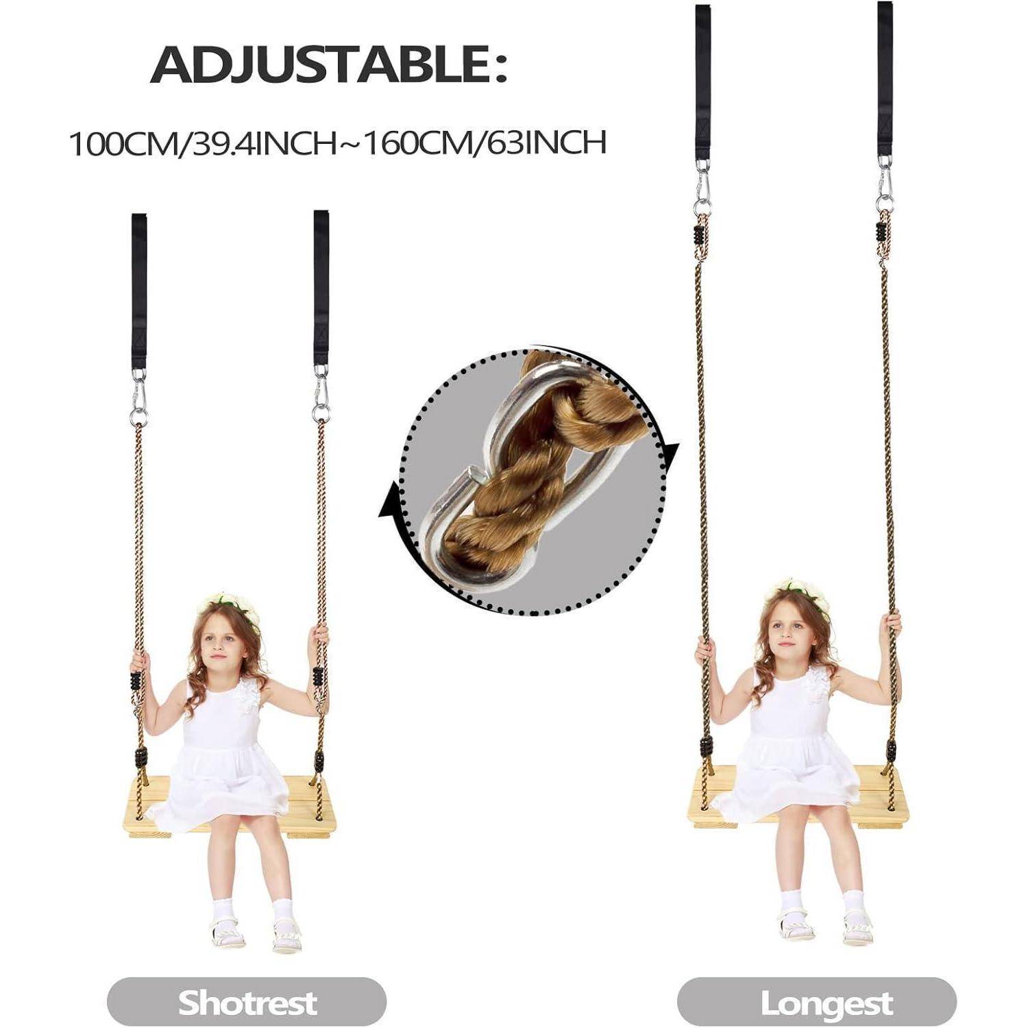 Verstellbare Schaukel mit sitzendem Kind, die die Einstellungen von kürzester bis längster Position zeigt, von 100 cm bis 160 cm. Mädchen im weißen Kleid auf einer Holzschaukel.