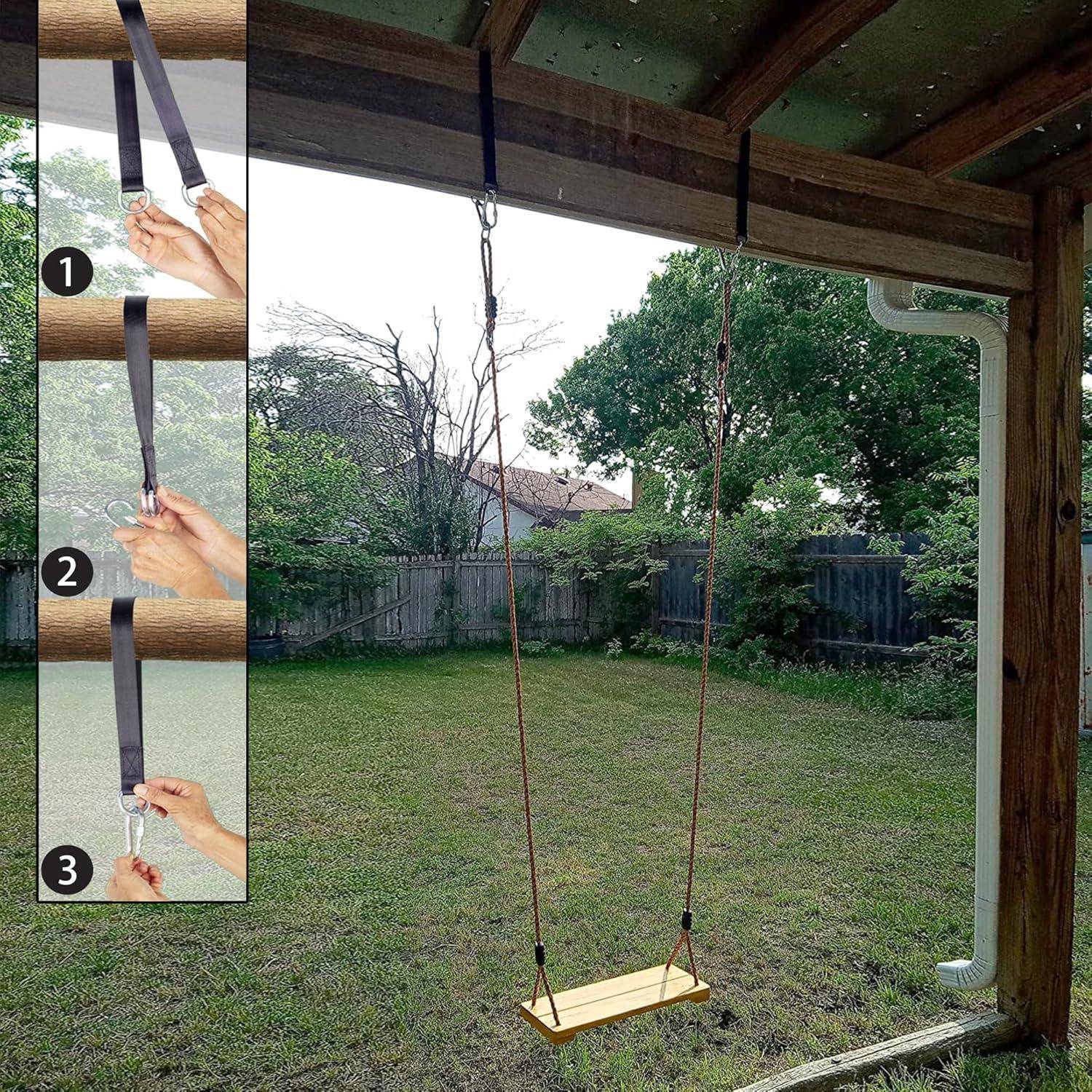 Eine Schaukel mit roten Seilen hängt von einem Holzbalken in einem Hinterhof. Eingesetzte Bilder zeigen Schritte zum sicheren Befestigen der Seile an dem Balken.