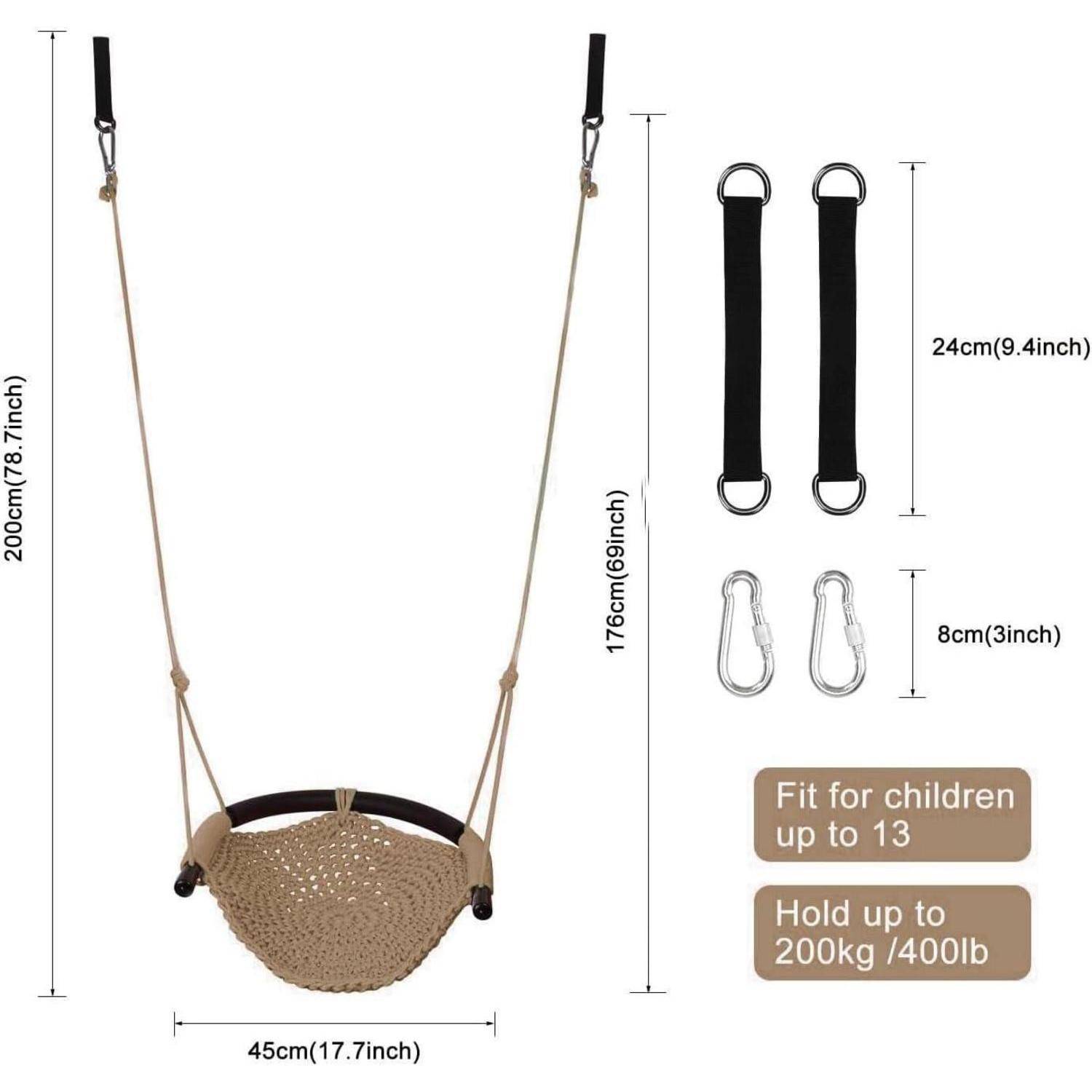 Hängesitzdimensionen: 200 cm Seil, 45 cm breiter Sitz. Inklusive zwei 24 cm Trageriemen und zwei 8 cm Karabinern. Geeignet für Kinder bis 13 Jahre, trägt bis zu 200 kg (400 Pfund).