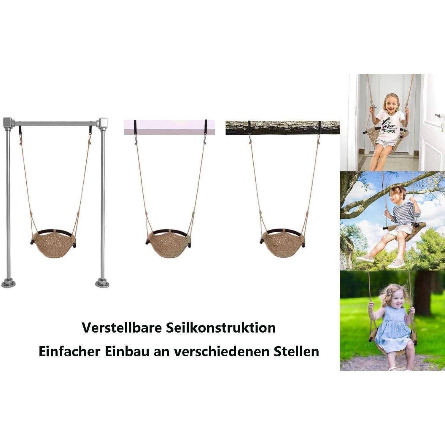 Verstellbare Schaukel mit Seilkonstruktion in verschiedenen Einstellungen dargestellt. Drei Bilder rechts zeigen Kinder, die Schaukeln im Freien und in Innenräumen genießen. Text auf Deutsch beschreibt die einfache Installation.