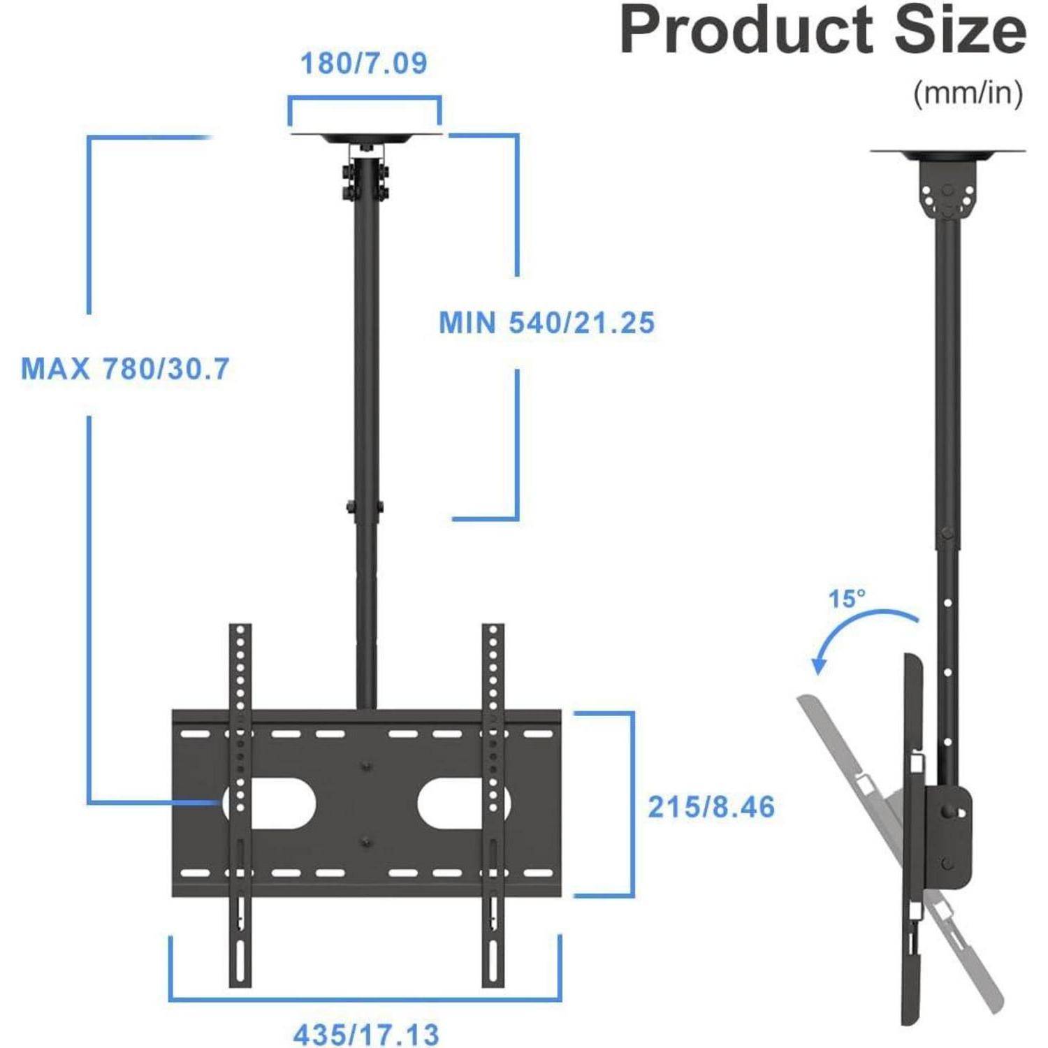 Decken-TV-Halterung Diagramm mit verstellbarer Höhe von 540 mm bis 780 mm, Breite 435 mm und Neigungswinkel von 15 Grad.