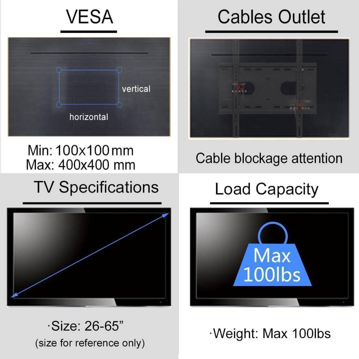 TV-Wandhalterung Anleitung: 'VESA Min: 100x100 mm, Max: 400x400 mm', 'Kabeldurchführung: Achten Sie auf Kabelblockaden', geeignete Größe: 26-65