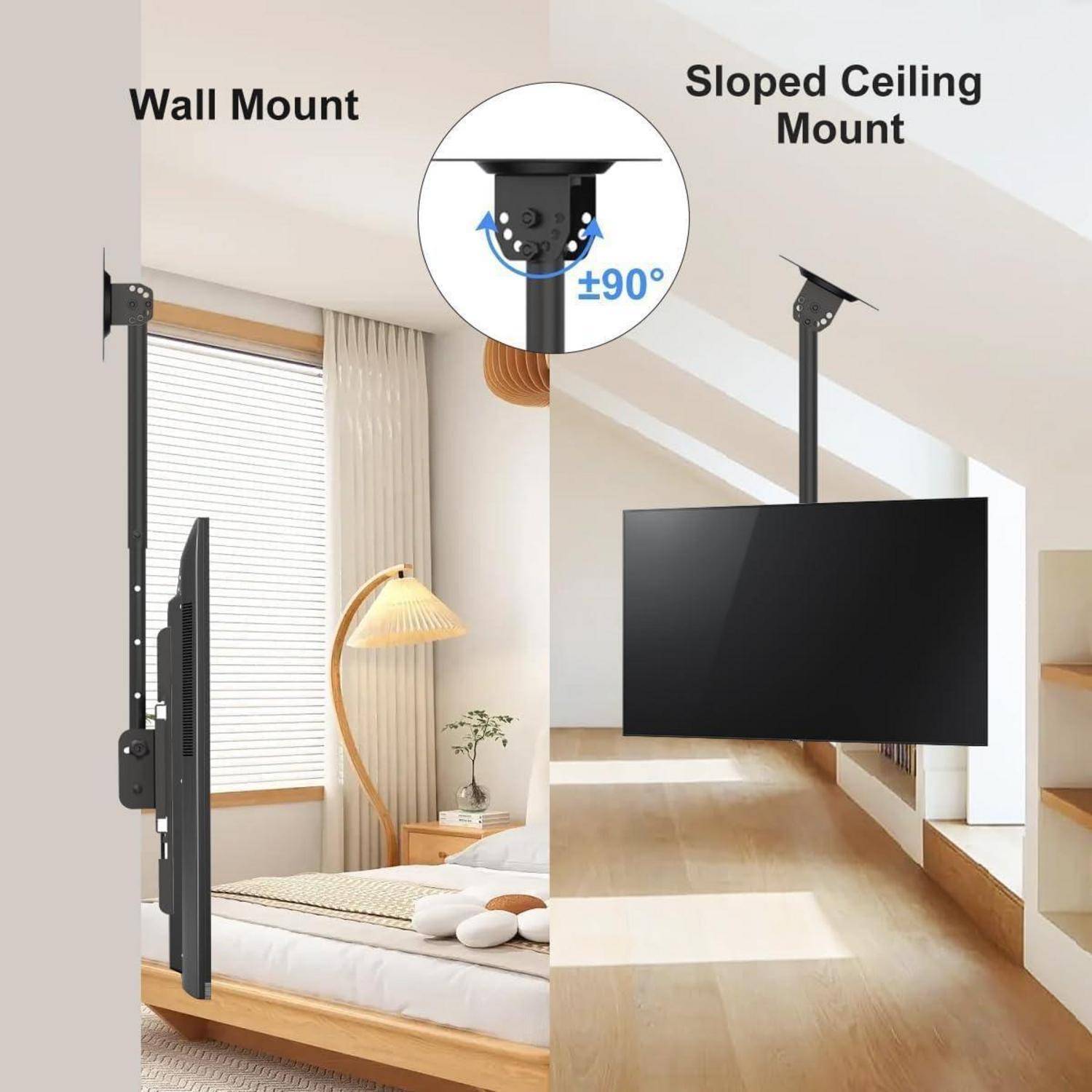 Wandhalterung zeigt einen Fernseher, der sicher an einer Schlafzimmerwand befestigt ist; Schräge Deckenhalterung zeigt einen Fernseher an einer Wohnzimmerdecke mit verstellbarem Winkel.