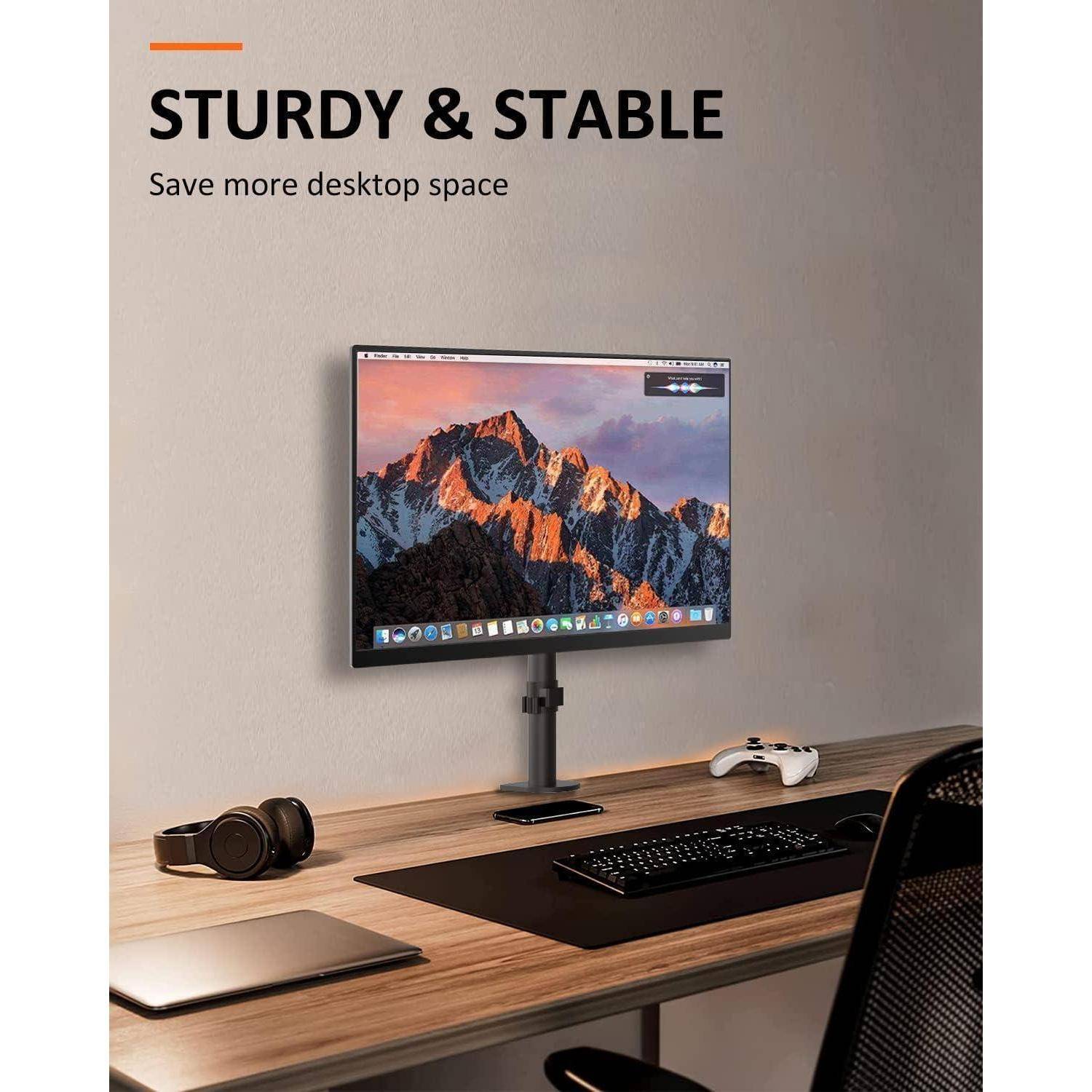 Ein modernes Schreibtisch-Setup mit einem montierten Monitor, der eine Berglandschaft anzeigt. Text lautet: "Robust & Stabil: Sparen Sie mehr Schreibtischfläche."