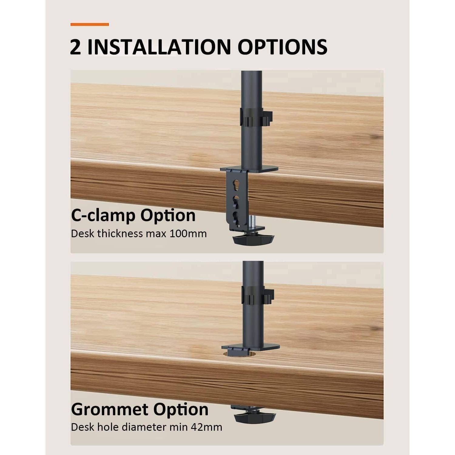 2 Installationsmöglichkeiten': Oberes Bild zeigt 'C-Klemm-Option' für Schreibtischdicke max. 100 mm; unteres Bild zeigt 'Durchführungsoption' für Schreibtischloch-Durchmesser min. 42 mm.