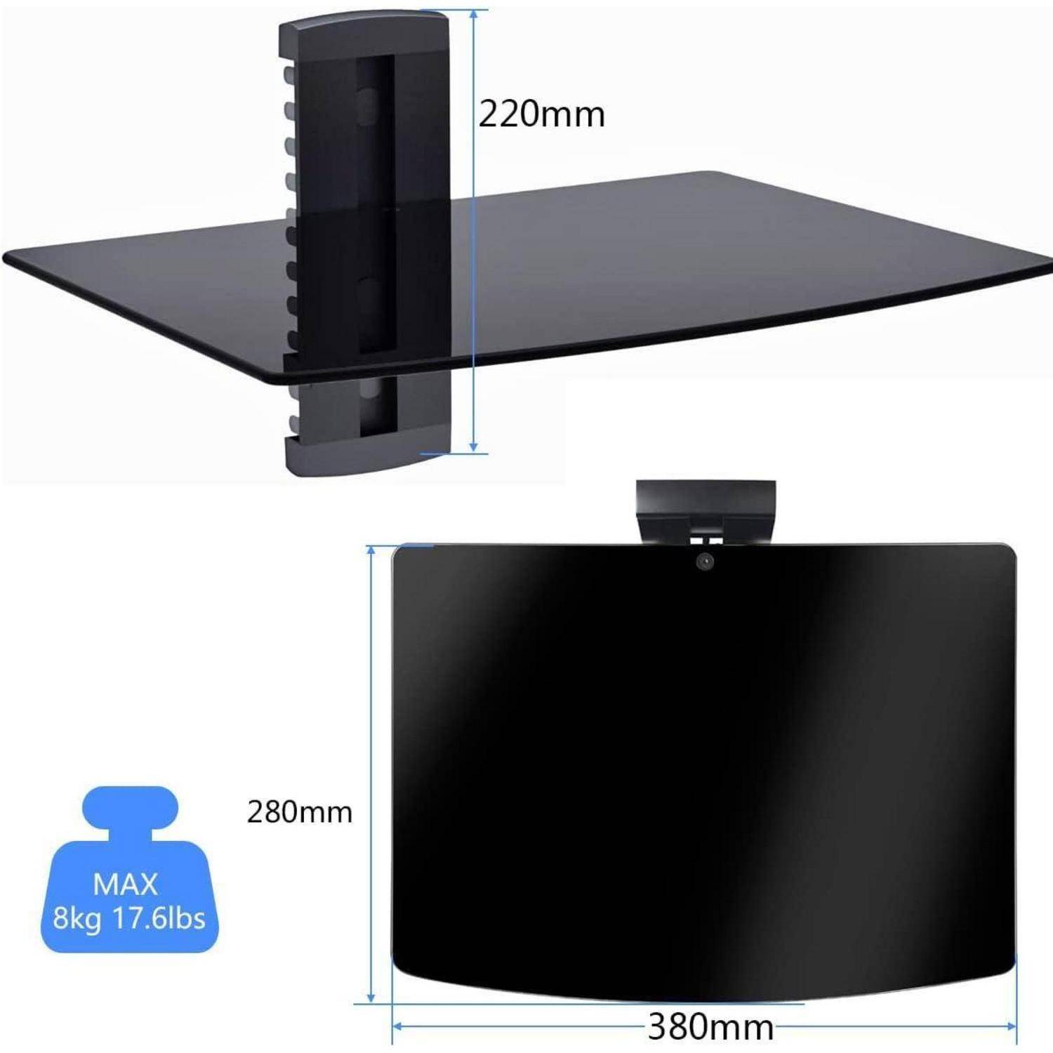 Kunststoff-Regal-Abmessungen: 220 mm Breite, 280 mm Höhe, 380 mm Länge. Gewichtslimit: 8 kg oder 17,6 Pfund. Schwarze Farbe.