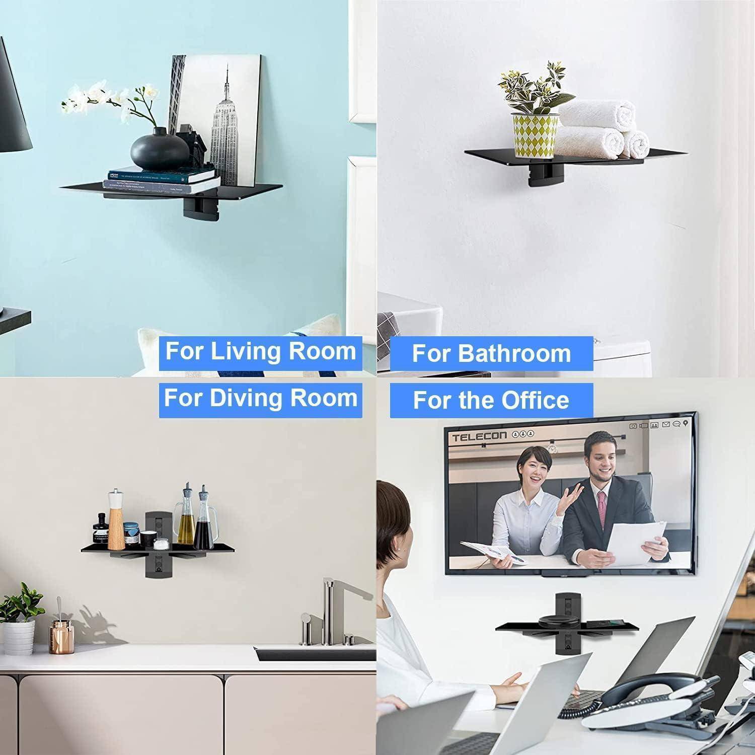 Vier Bilder zeigen verschiedene Verwendungsmöglichkeiten von Wandregalen. Oben links: Wohnzimmer-Dekoration; oben rechts: Handtücher im Badezimmer; unten links: Gewürze in der Küche; unten rechts: Fernsehaufstellung im Büro.