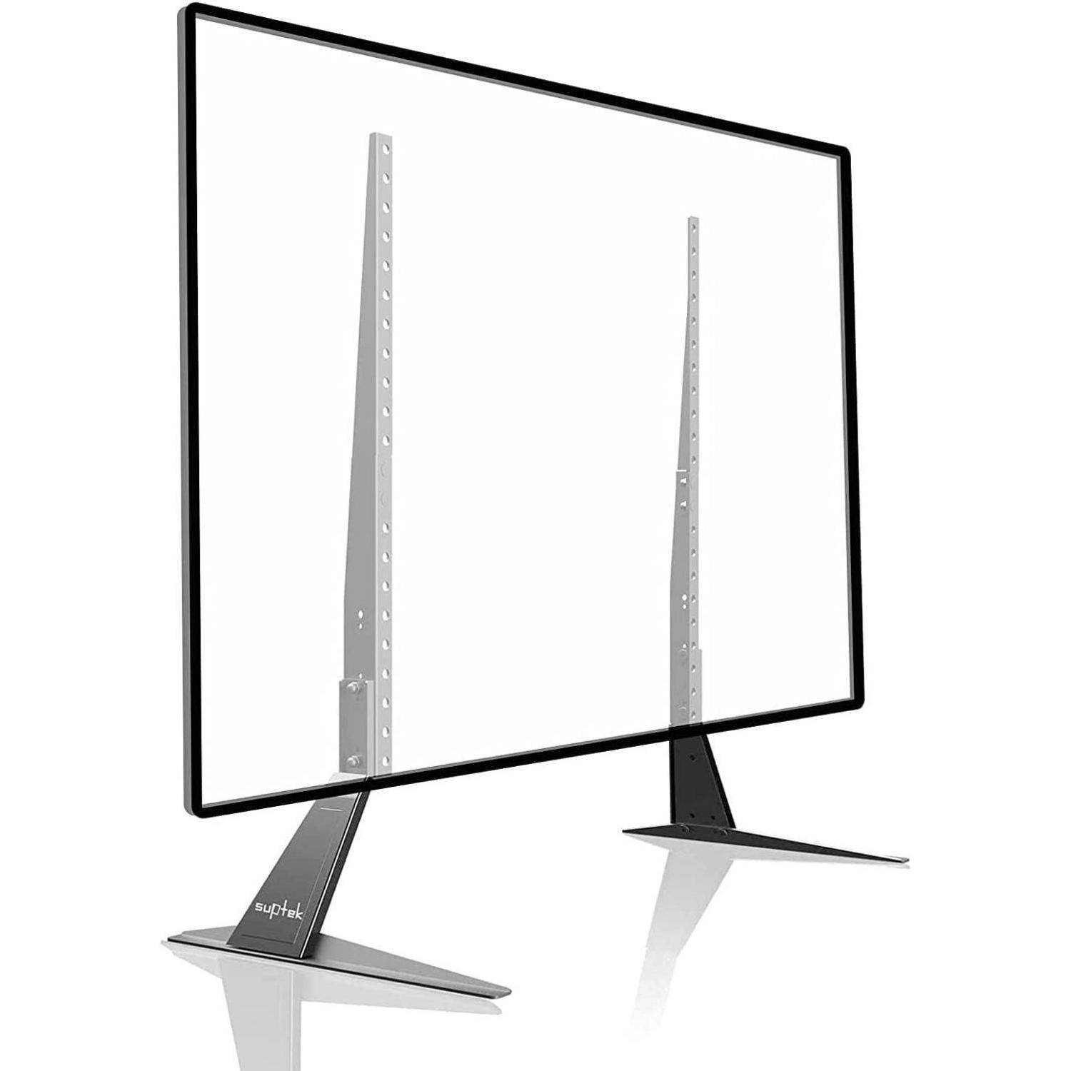 Das Bild zeigt einen schwarzen TV-Ständer mit einer Glasbildschirmscheibe und V-förmigen Beinen, der sich für moderne Heimunterhaltungseinrichtungen eignet.
