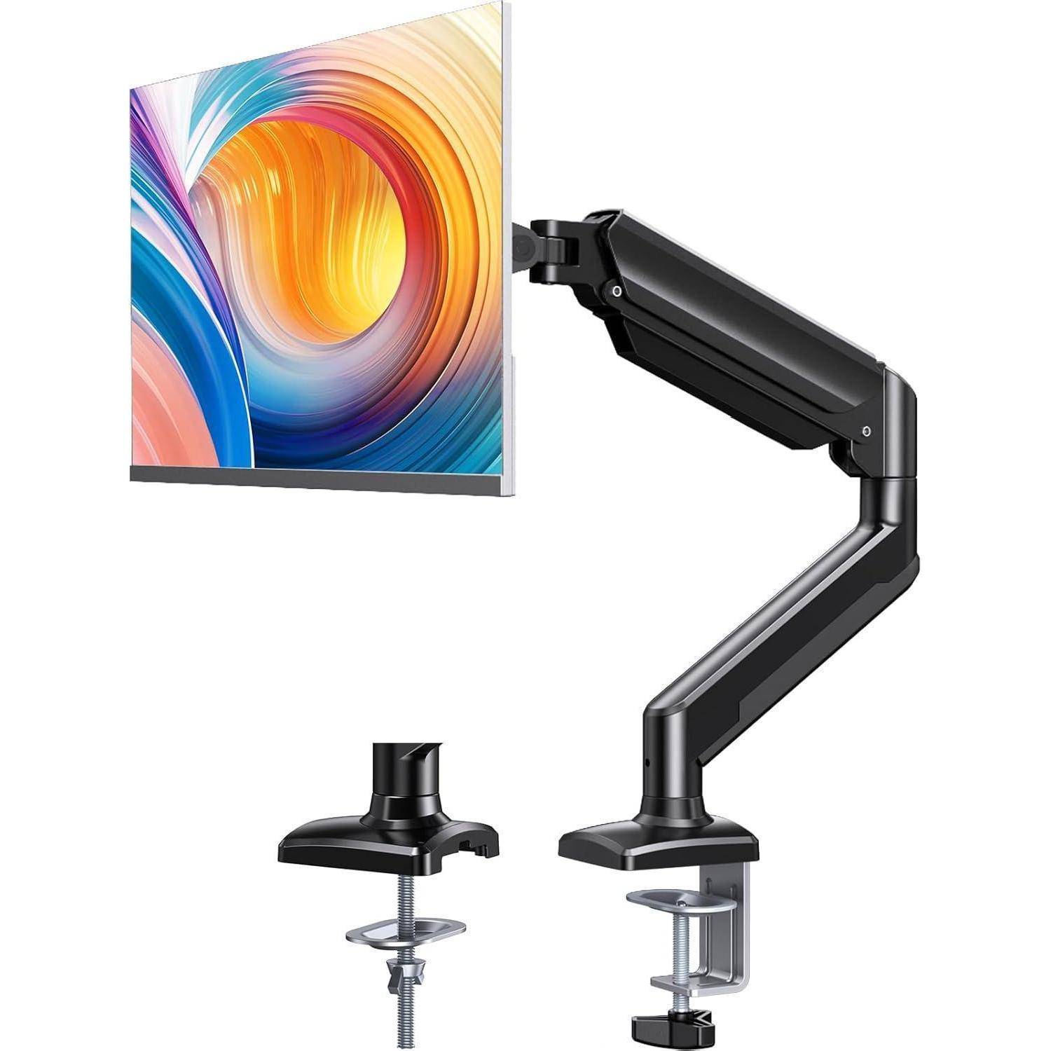 Ein Monitor, der an einem verstellbaren Arm mit einer Klemmvorrichtung zur Befestigung an einem Schreibtisch montiert ist, der flexible Positionierung und Drehung ermöglicht.