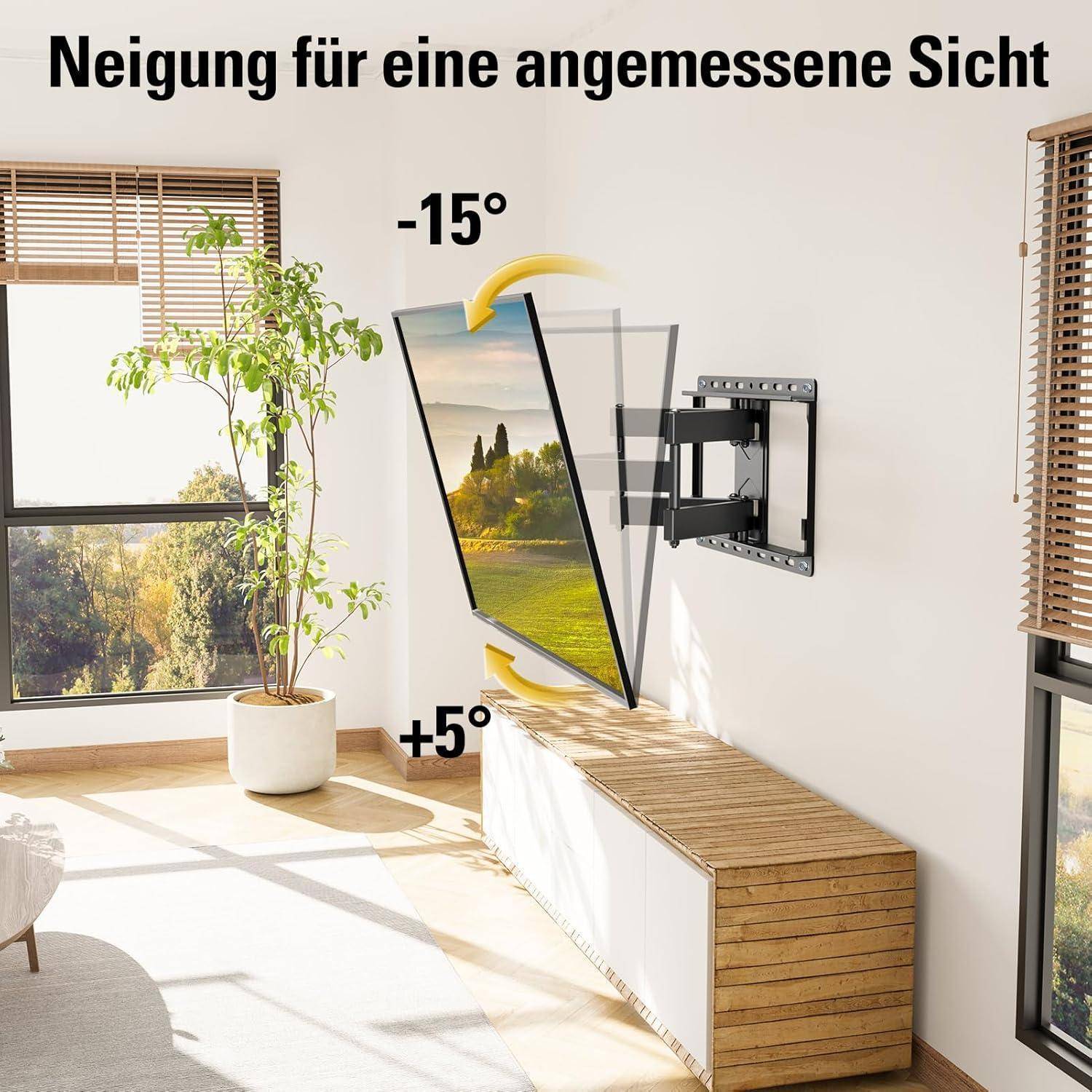 Ein an der Wand montierter Fernseher in einem hellen Raum kann vertikal zwischen -15° und +5° justiert werden, um optimale Sichtwinkel zu gewährleisten.