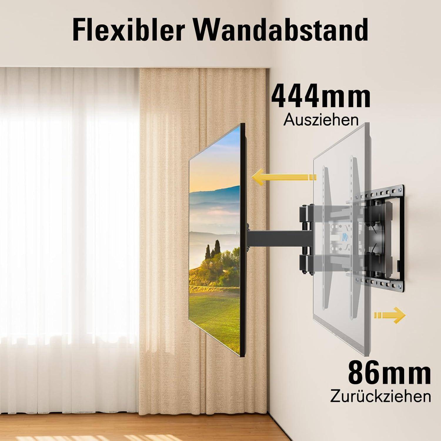 TV-Halterung 'Flexibler Wandabstand' zeigt Auslegung von 86mm bis 444mm von der Wand, was den verstellbaren Sichtabstand veranschaulicht.