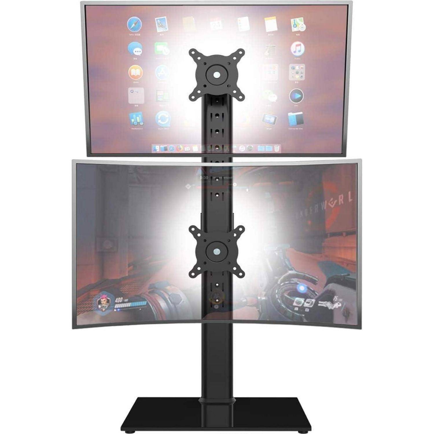 Zwei-Monitor-Ständer mit übereinander angeordneten Bildschirmen; der obere zeigt eine Desktop-Benutzeroberfläche, der untere ein Spiel. Zentraler Standhalterungsaufbau ist sichtbar.