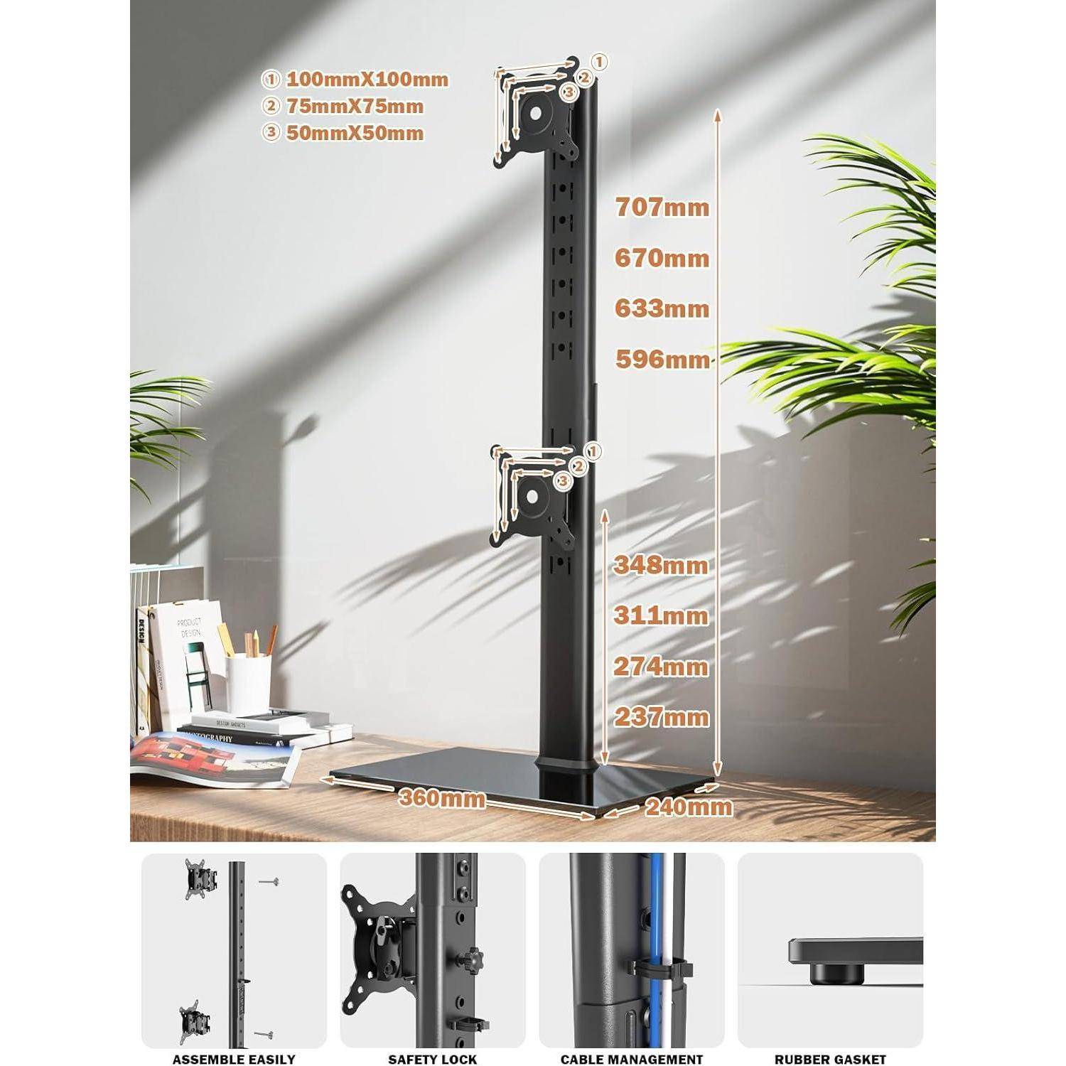 Monitorständer mit verstellbaren Höhenstufen von 237 mm bis 707 mm, unterstützt Bildschirmgrößen von 100 mm x 100 mm bis 50 mm x 50 mm. Funktionen umfassen eine Sicherheitssperre und Kabelverwaltung.