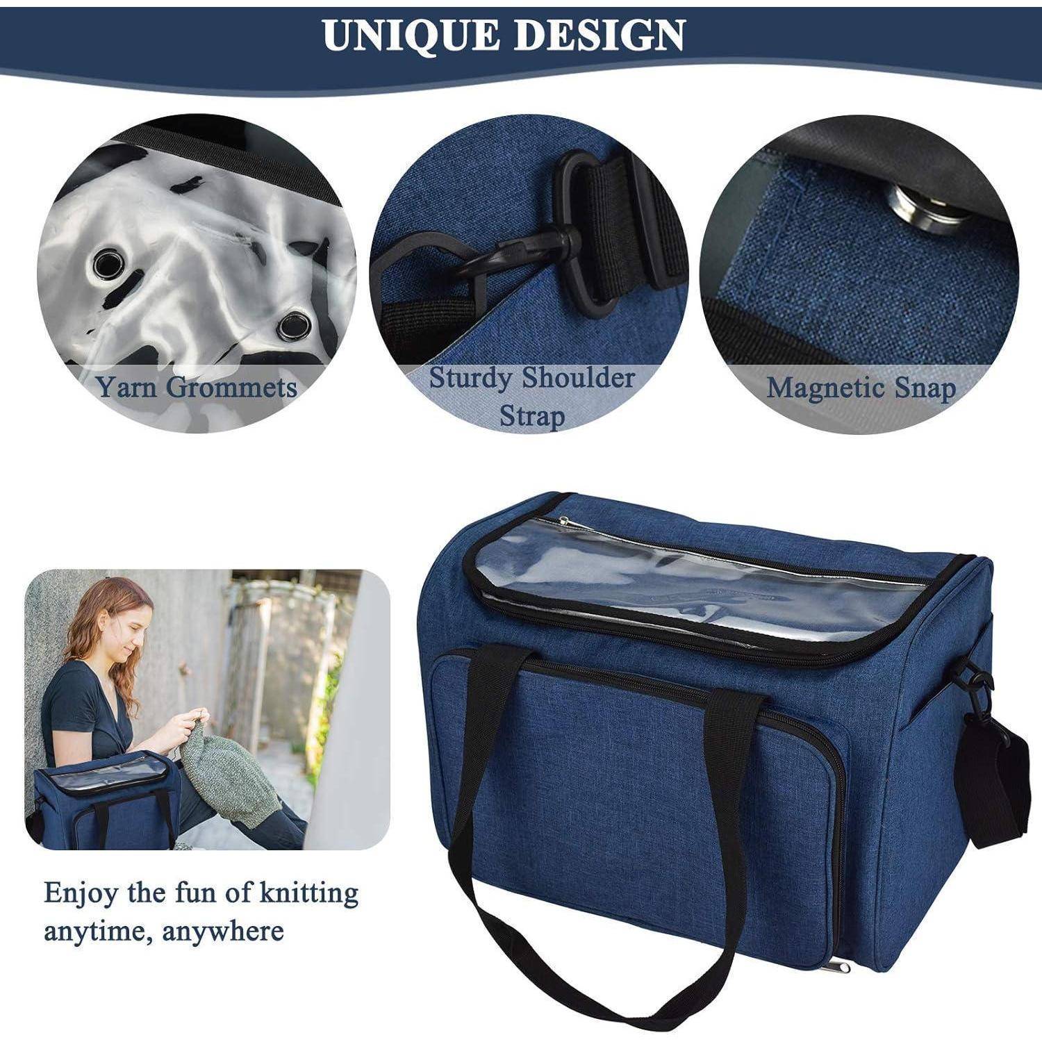 Stricktasche Produktmerkmale: Garn-Durchführungen, robuster Schultergurt, magnetischer Verschluss. Frau genießt das Stricken mit der Tasche im Freien.