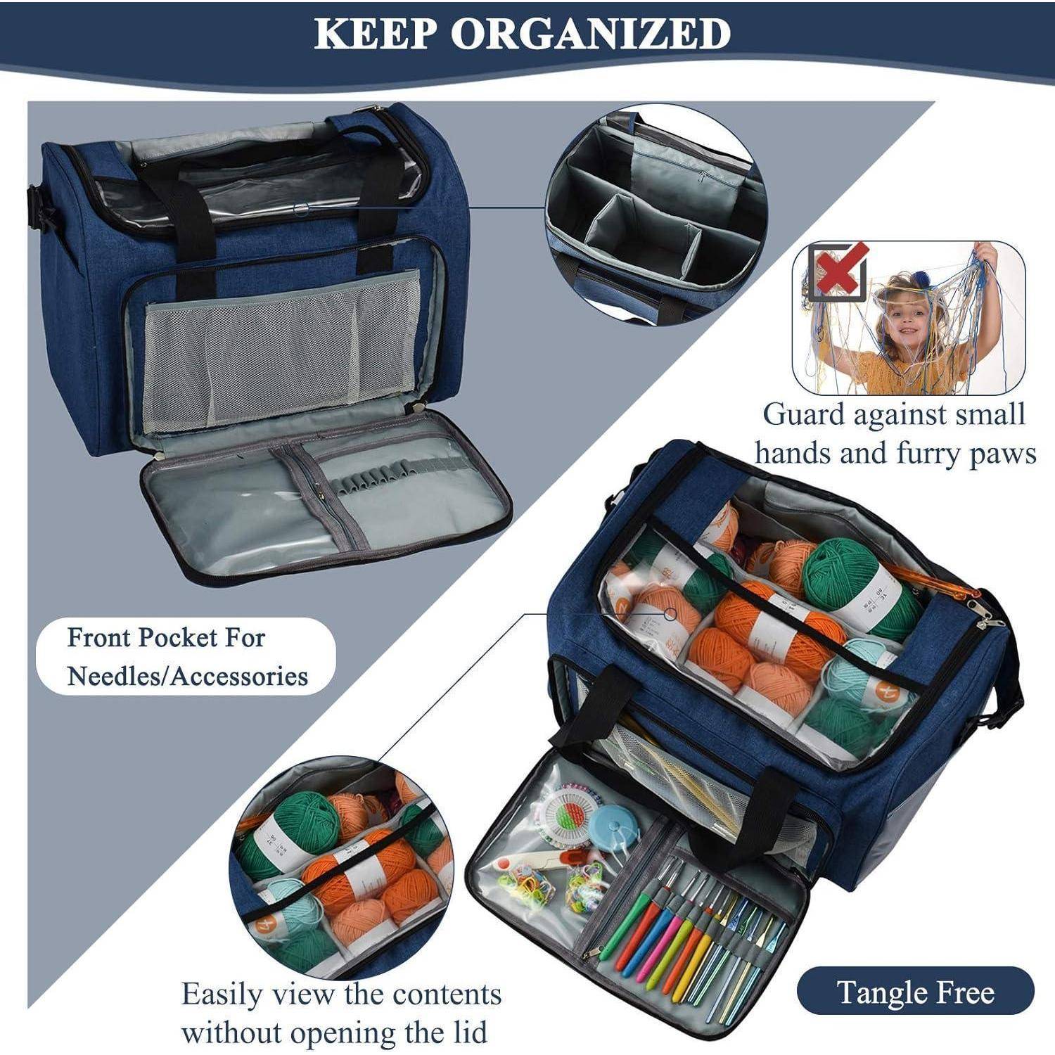 Tasche zur Organisation von Garn und Strickutensilien mit Vordertasche, offener Sicht auf den Inhalt und Schutz vor Haustiereinmischung.