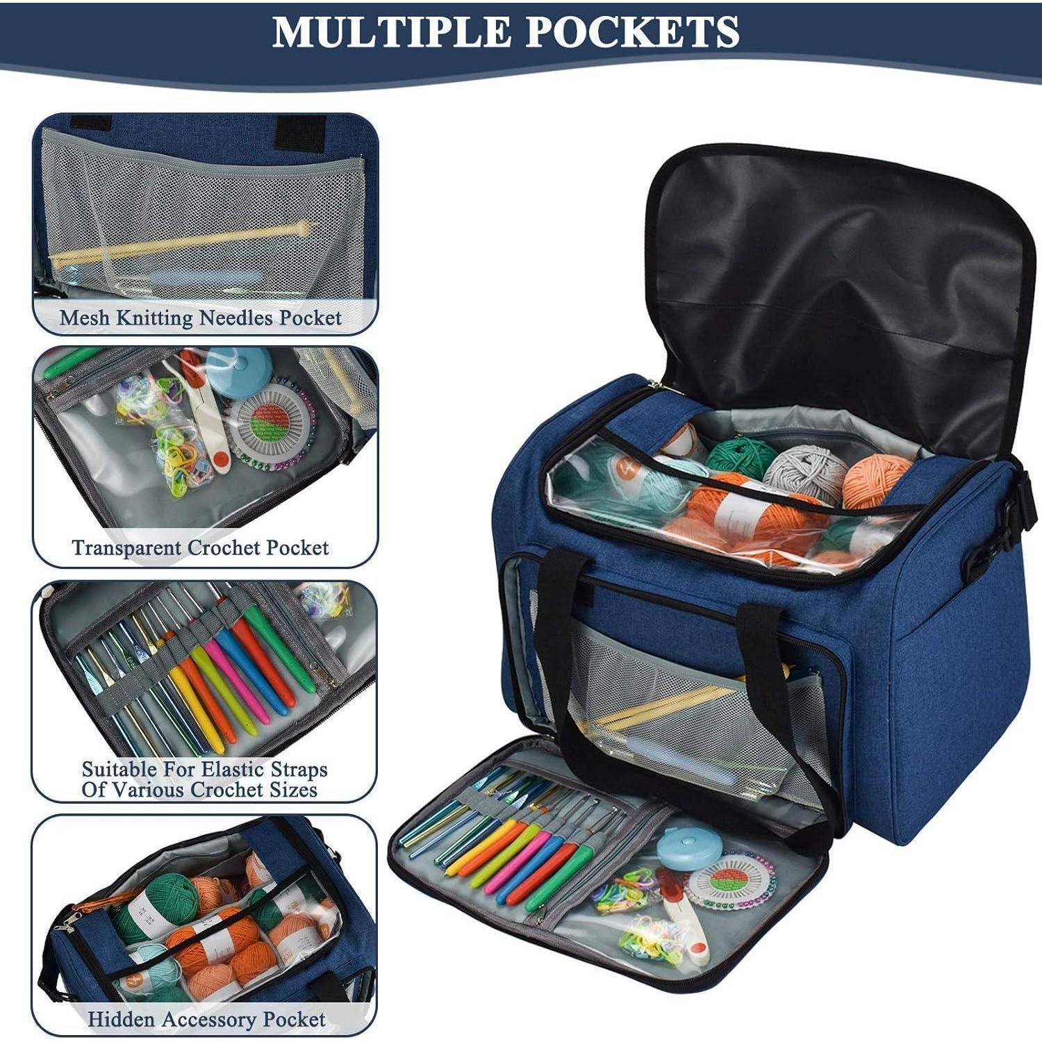 Organizer-Tasche mit 'Mehreren Taschen' mit Fächern für Stricknadeln, Häkelwerkzeuge und Garne. Enthält Netz- und transparente Taschen.