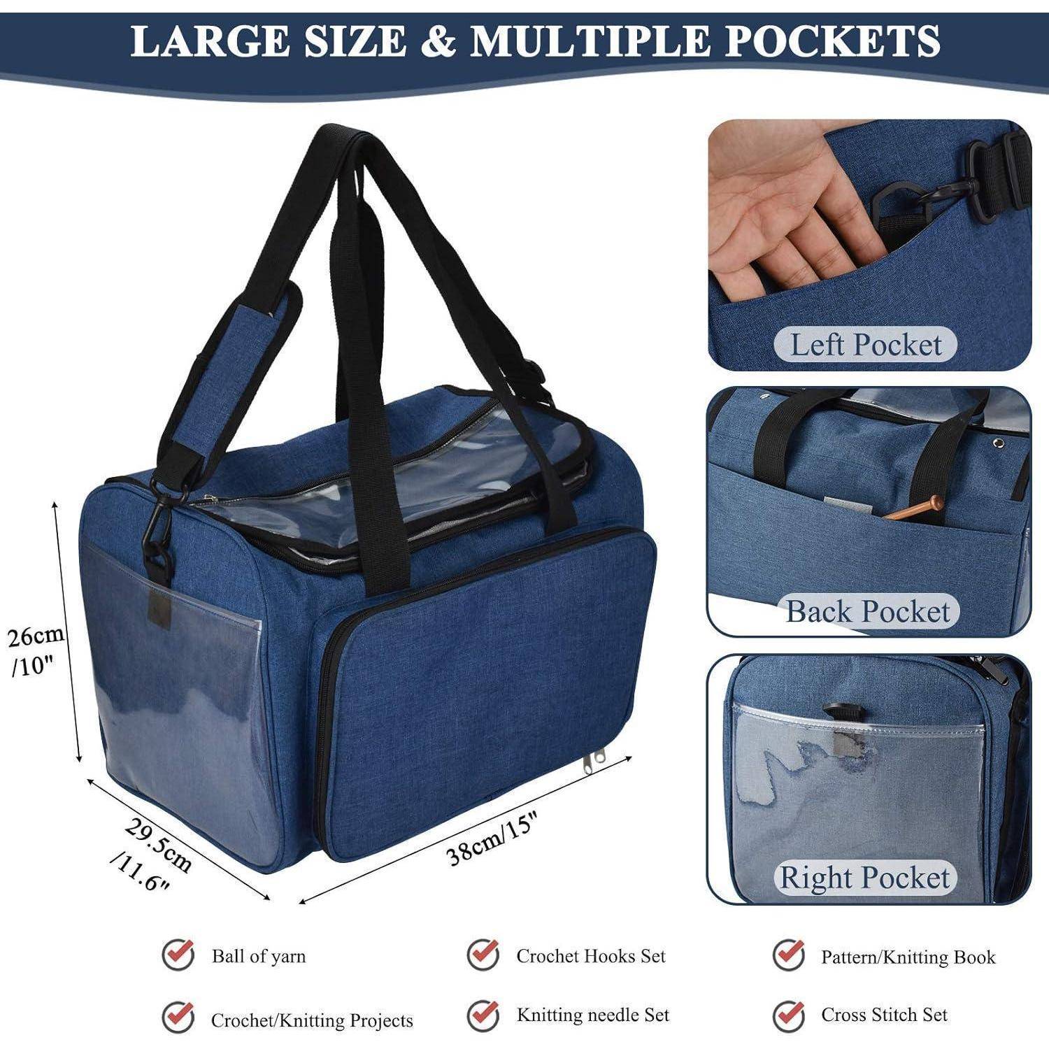 Eine blaue Reisetasche mit mehreren Taschen ist abgebildet. Sie misst 38 cm x 25 cm x 26 cm und verfügt über verschiedene Fächer zur Organisation von Häkelwerkzeugen und Projekten.
