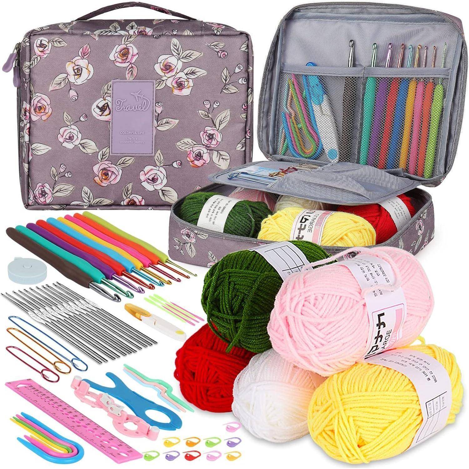 Häkel-Set mit Blumentasche, enthält farbenfrohe Wollknäuel, Häkelnadeln, Nadeln, Scheren und Zubehör für Bastelarbeiten.