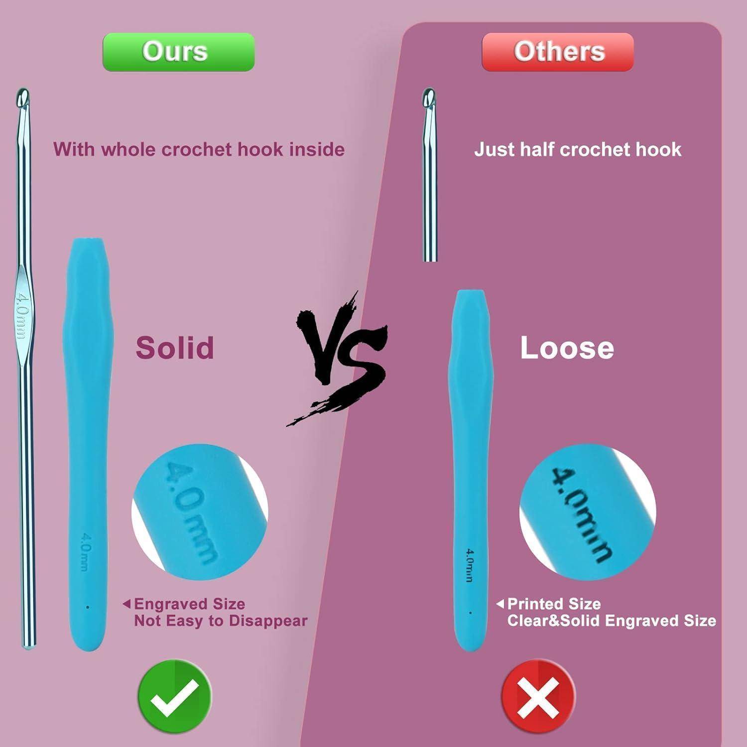 Unsere vs. Andere' Häkelnadel-Vergleich: Unsere ist massiv mit der gesamten Häkelnadel im Inneren und verschwindet nicht leicht. Die anderen sind lose mit nur einer halben Häkelnadel, klar und solide.