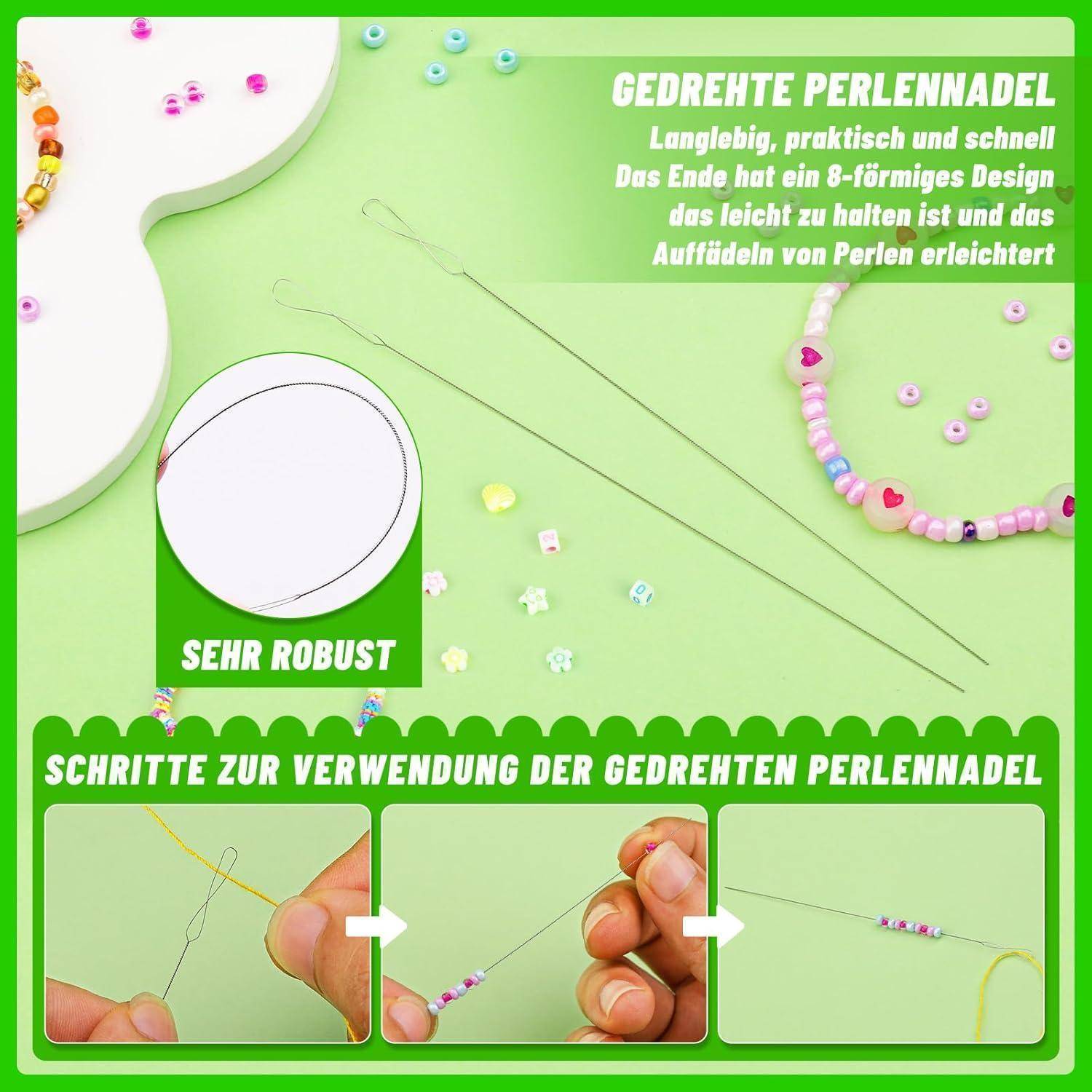 Perleneinziehnadeln, dargestellt mit Perlen und Faden. Text betont die Haltbarkeit und Benutzerfreundlichkeit der Nadel mit Diagramm und Schritten.