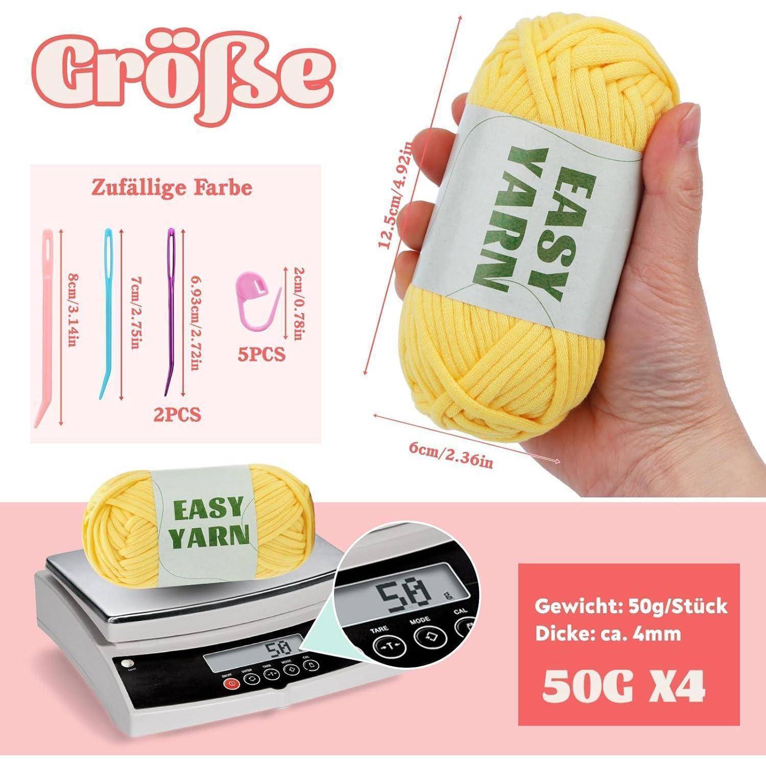Garn mit der Bezeichnung 'Easy Yarn' in gelber Farbe, das auf einer Waage mit 50g dargestellt wird. Größenangaben zeigen eine Breite von 6 cm, eine Länge von 12,5 cm und ein Gewicht von 50g.