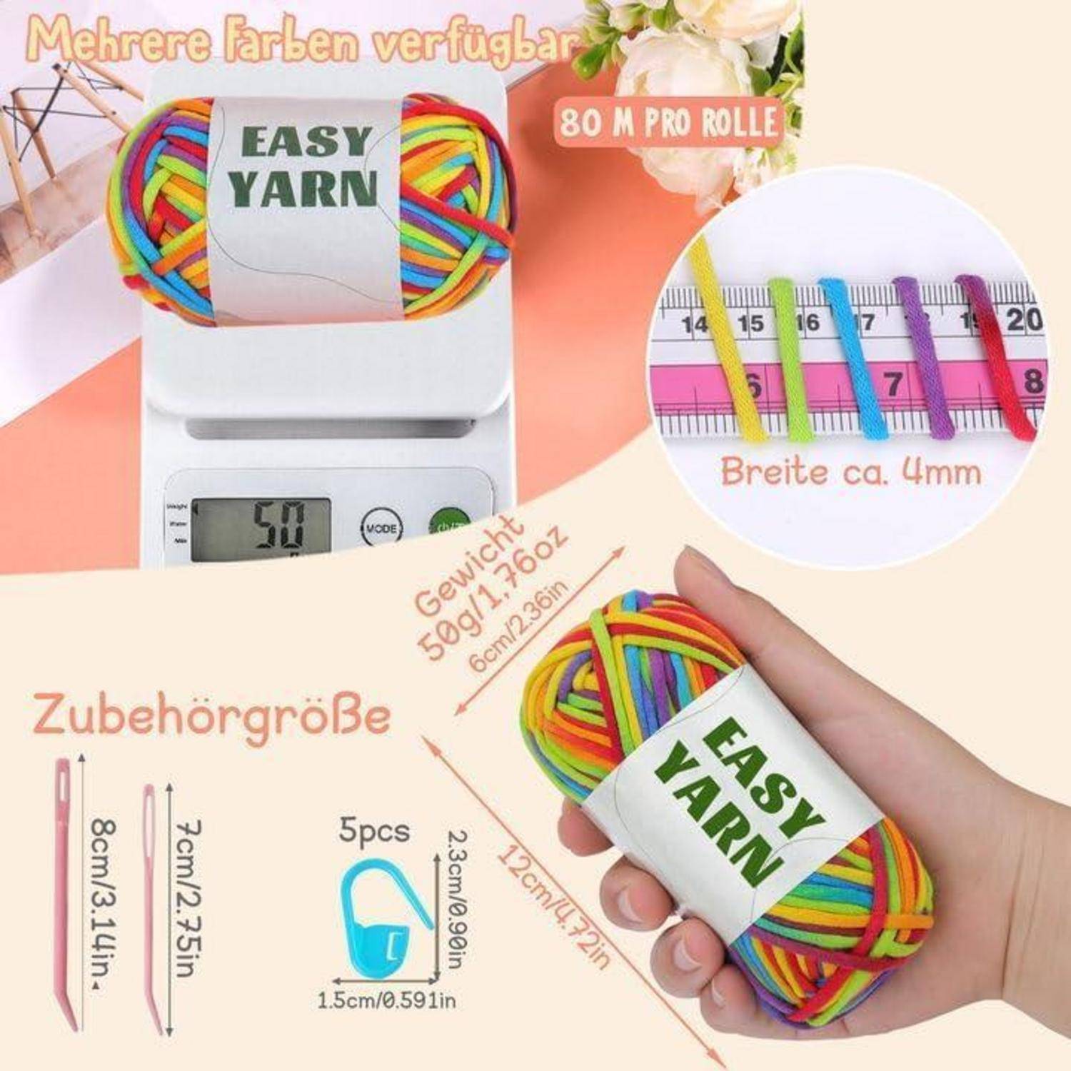 Easy Yarn' mehrfarbige Garnhank wird mit Größentabelle präsentiert, Maßband zeigt Breite von ca. 4mm. Enthält Zubehörgrößen mit Häkelnadeln und Schlaufen.