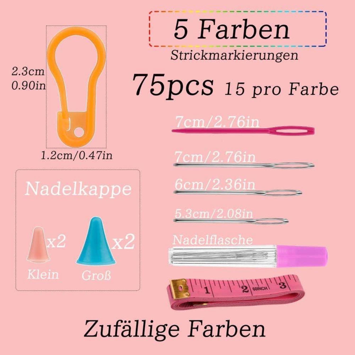 Set enthält 75 Maschenmarkierer, 15 in jeder von 5 Farben, verschiedene Nadelgrößen, Nadeletui und Maßband. Zufällige Farben.