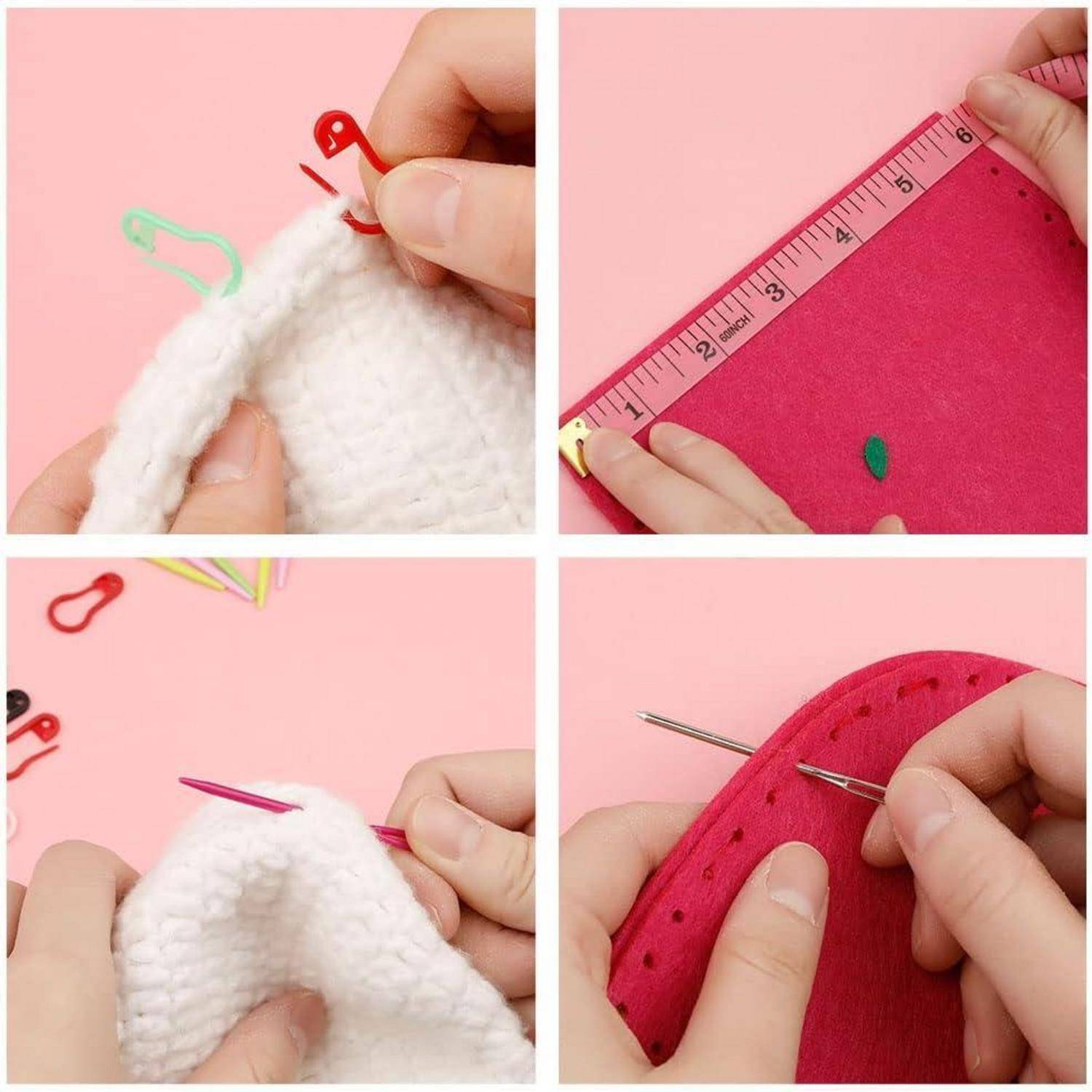 Vier-Panel-Bild, das Strick- und Messchritte zeigt: oben links, Markierungen an Garn anbringen; oben rechts, Stoff mit Maßband messen; unten links, eine Nadel an Garn verwenden; unten rechts, eine Nadel durch Stoff ziehen.