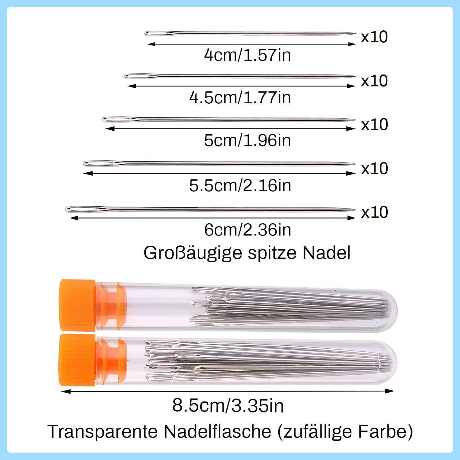 50 Premium-Nadeln mit großem Öhr, 5 Größen, Ledernadel Stickgarn