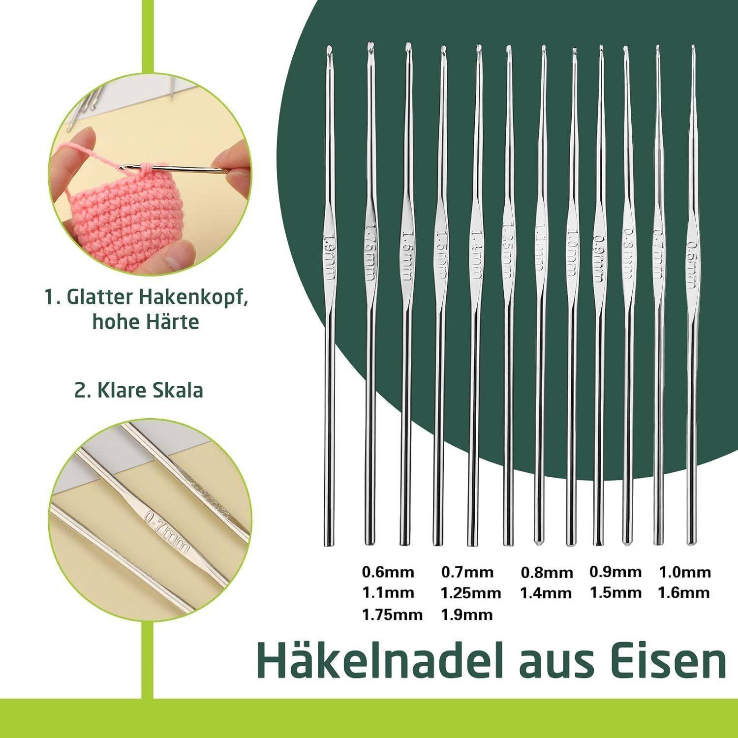 Stahlhäkelnadeln mit beschrifteten Größen; Nahaufnahmen zeigen einen glatten Kopf und eine deutliche Skala. Text: '1. Glatte Häkelnadel, 2. Klare Skala'.