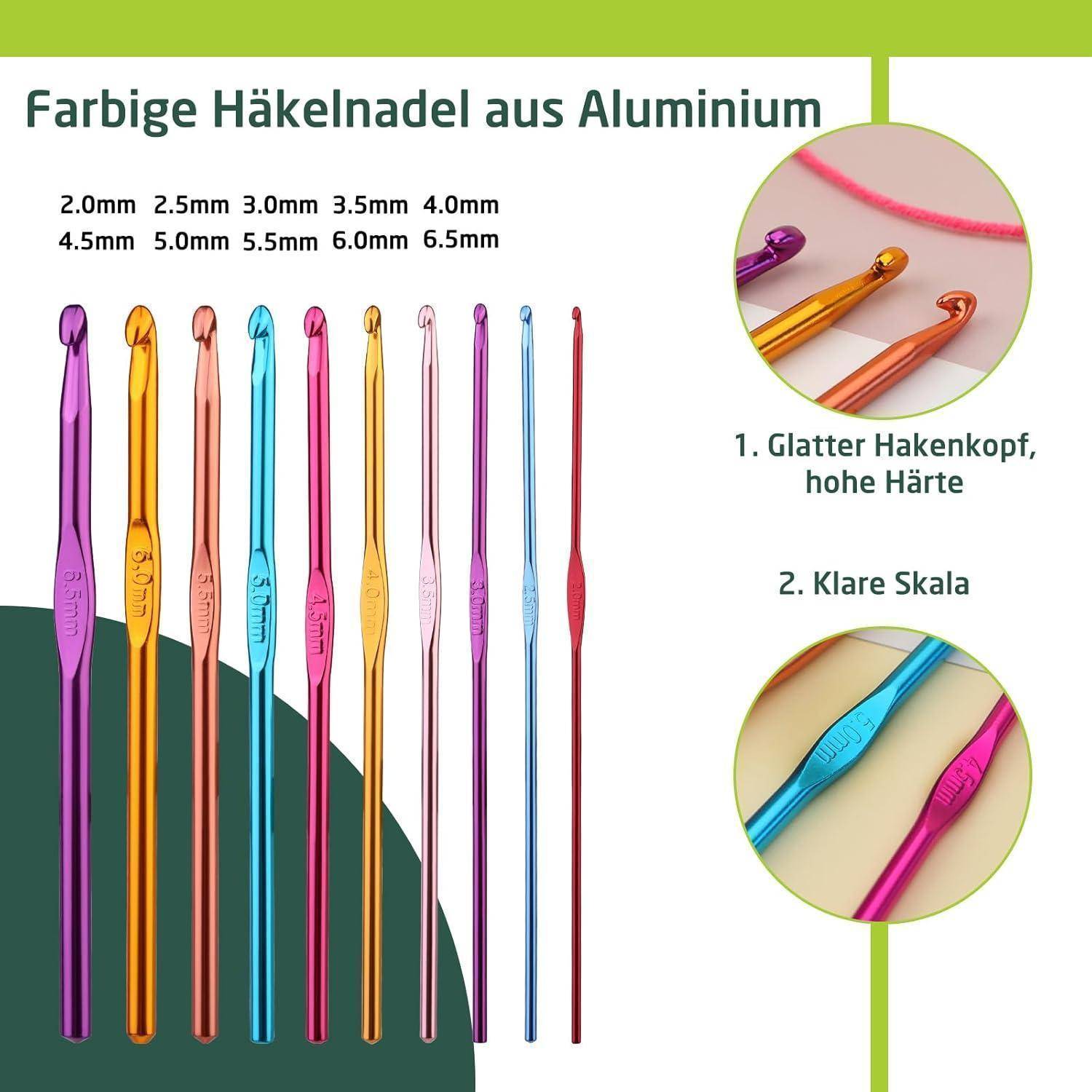 Buntes Aluminium-Häkelnadel-Set mit Größen von 2,0 mm bis 6,5 mm. Mit glatter Hakenspitze und deutlicher Skalierung.