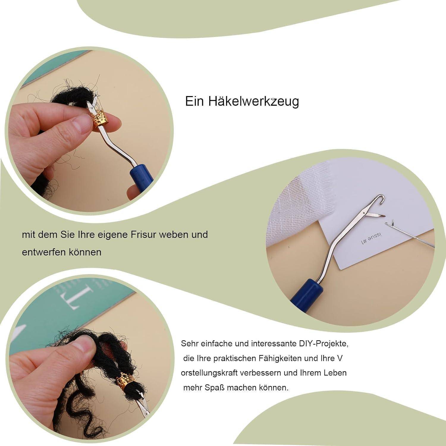 Ein Häkelwerkzeug zur Erstellung individueller Frisuren. Enthält einen ergonomischen Griff und einen Haken zum Weben. Ideal für DIY-Haarprodukte.