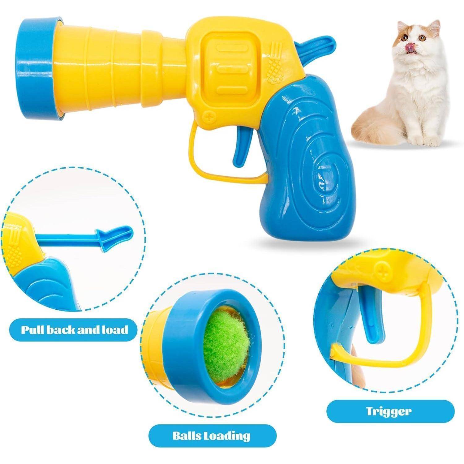 Eine gelbe und blaue Haustier-Spielzeugpistole mit Griff, Abzug und Rückzugsladefunktion. Eingesetzte Bilder zeigen 'Zurückziehen und laden', 'Bälle laden' und 'Abzug'. Eine Katze sitzt in der Nähe.