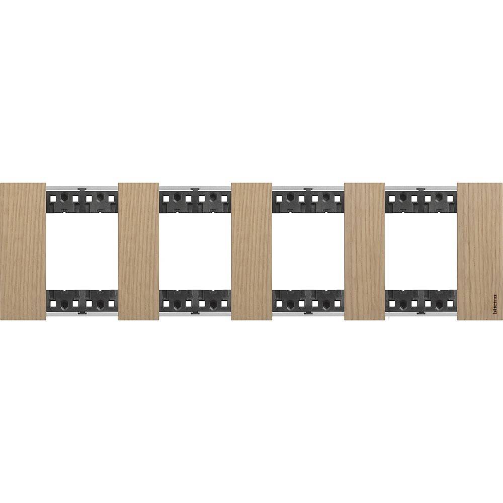 Horizontale rechteckige Holzlatten werden durch dunkle Halterungen an beiden Enden zusammengehalten und bilden so ein minimalistisches Design.